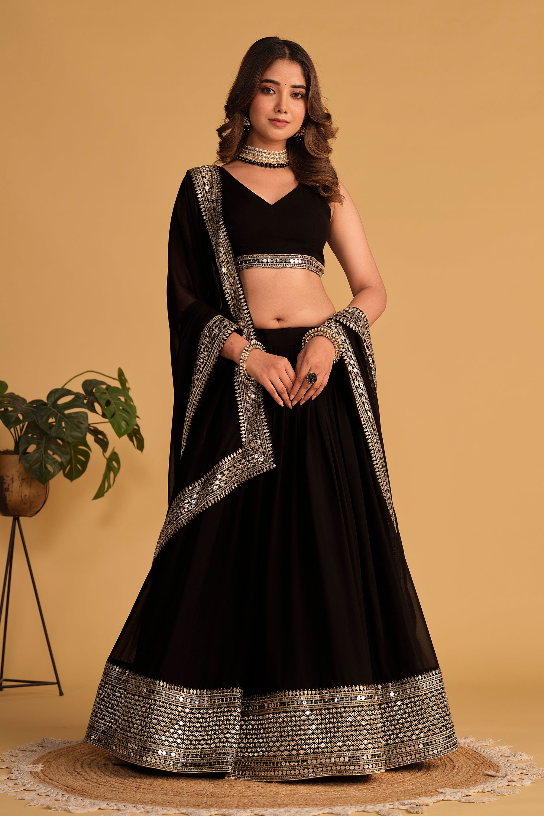 Black Zari Embroidered Georgette Wedding Wear Lehenga Choli with Dupatta