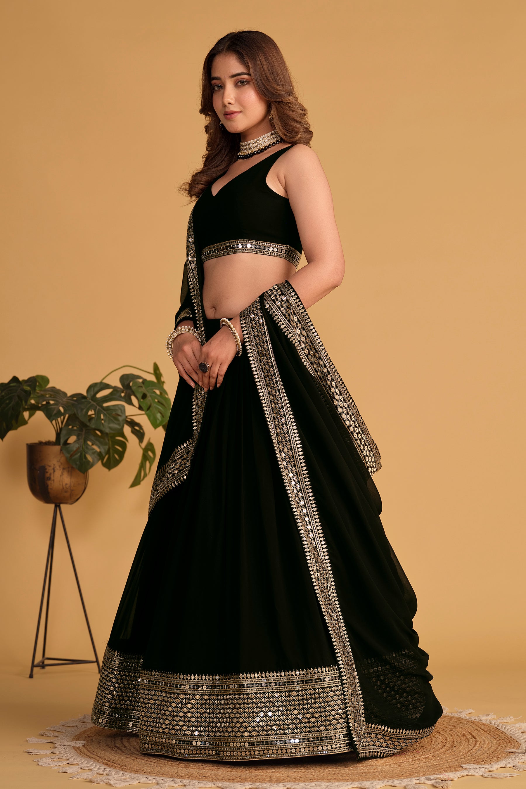Black Zari Embroidered Georgette Wedding Wear Lehenga Choli with Dupatta