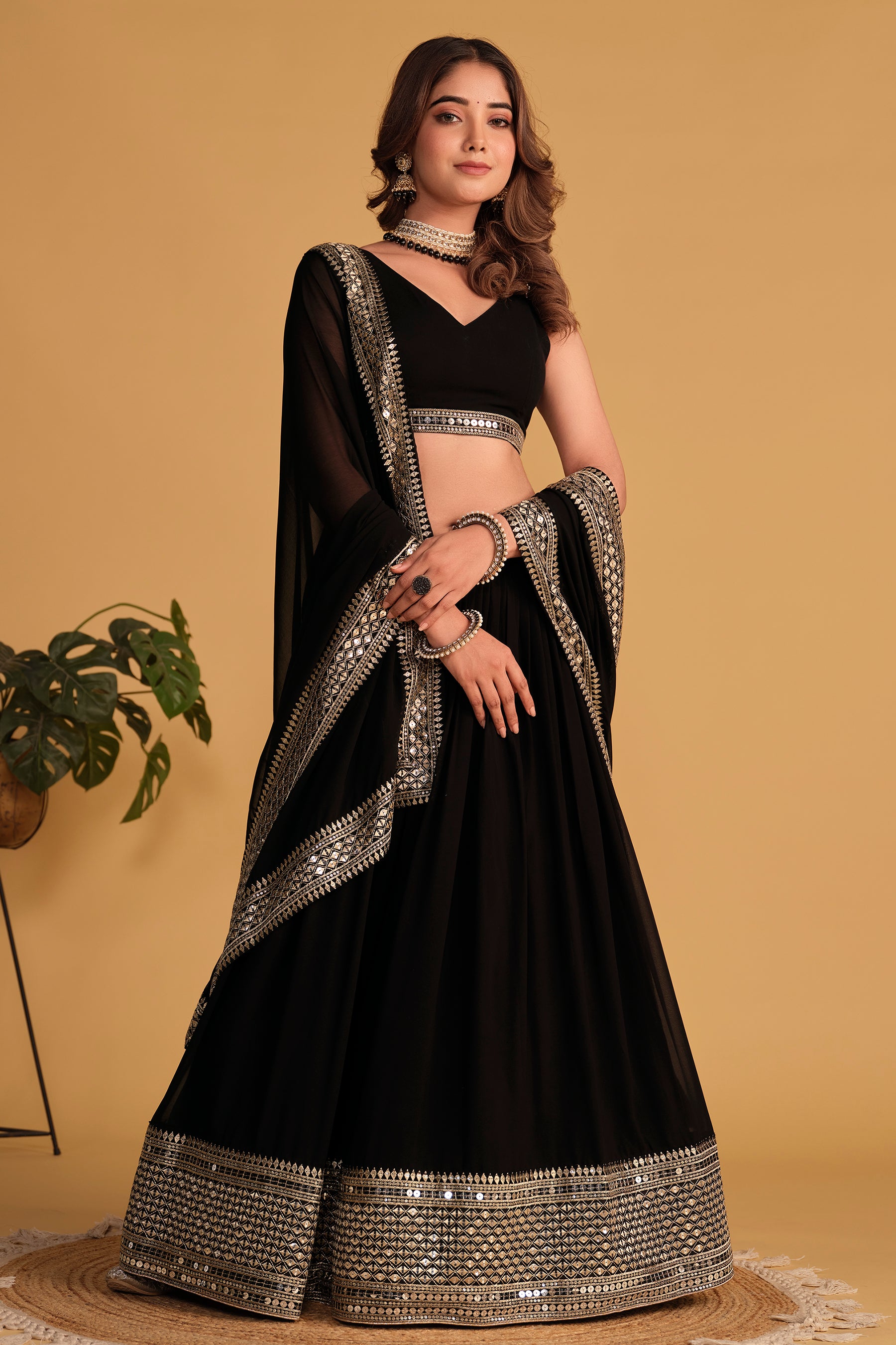 Black Zari Embroidered Georgette Wedding Wear Lehenga Choli with Dupatta