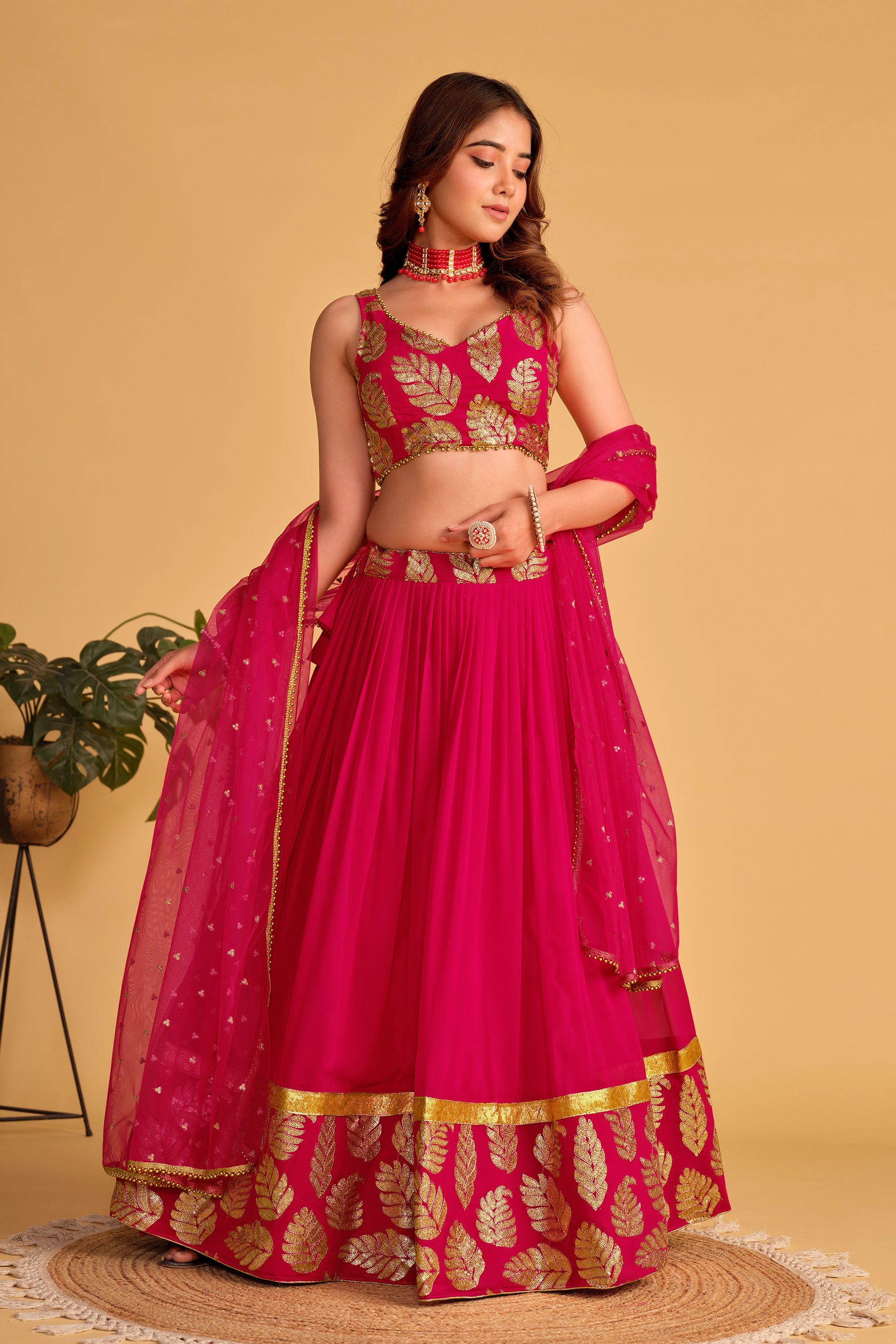 Pink Zari Embroidered Georgette Festival Wear Lehenga Choli with Dupatta