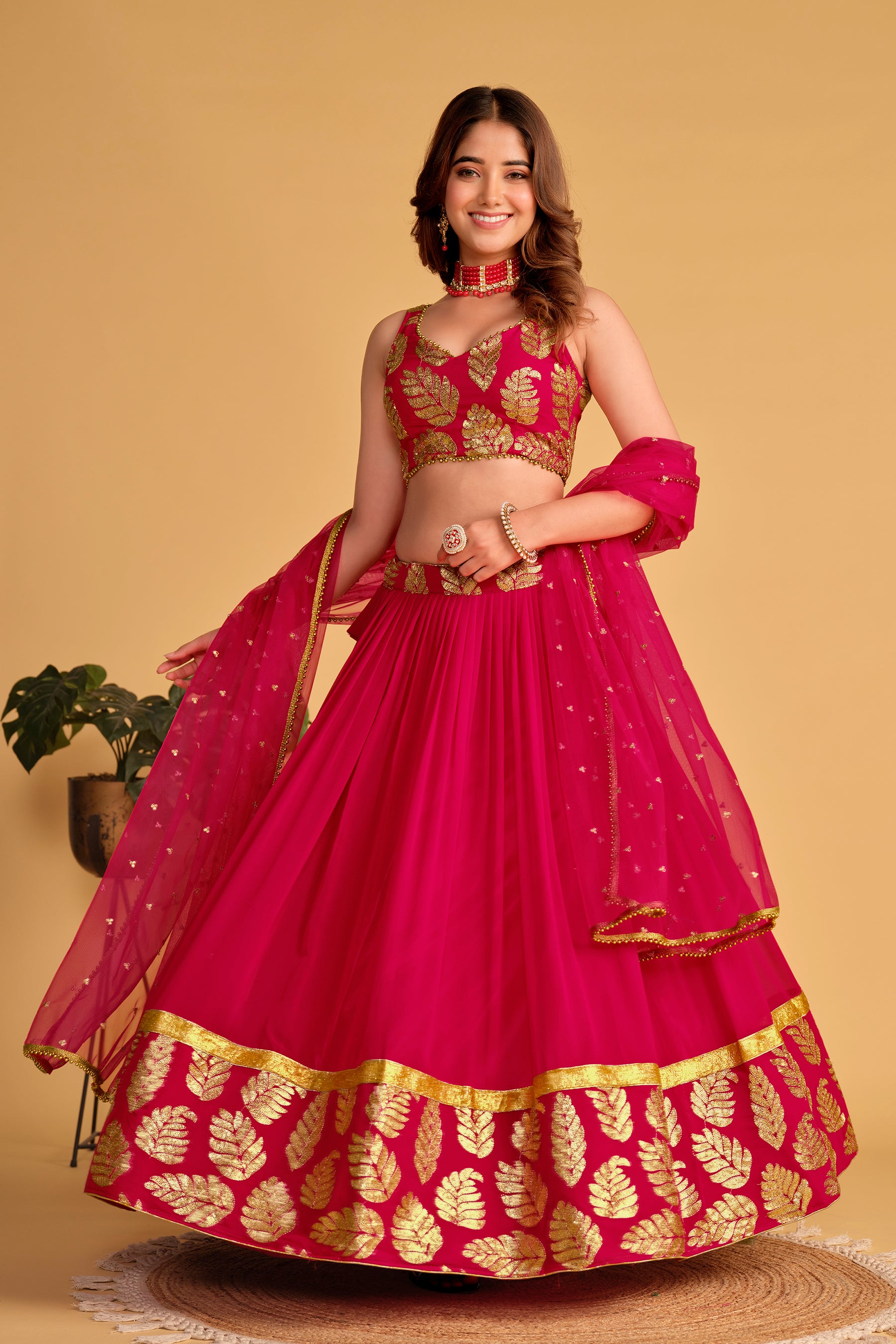 Pink Zari Embroidered Georgette Function Lehenga Choli for Women