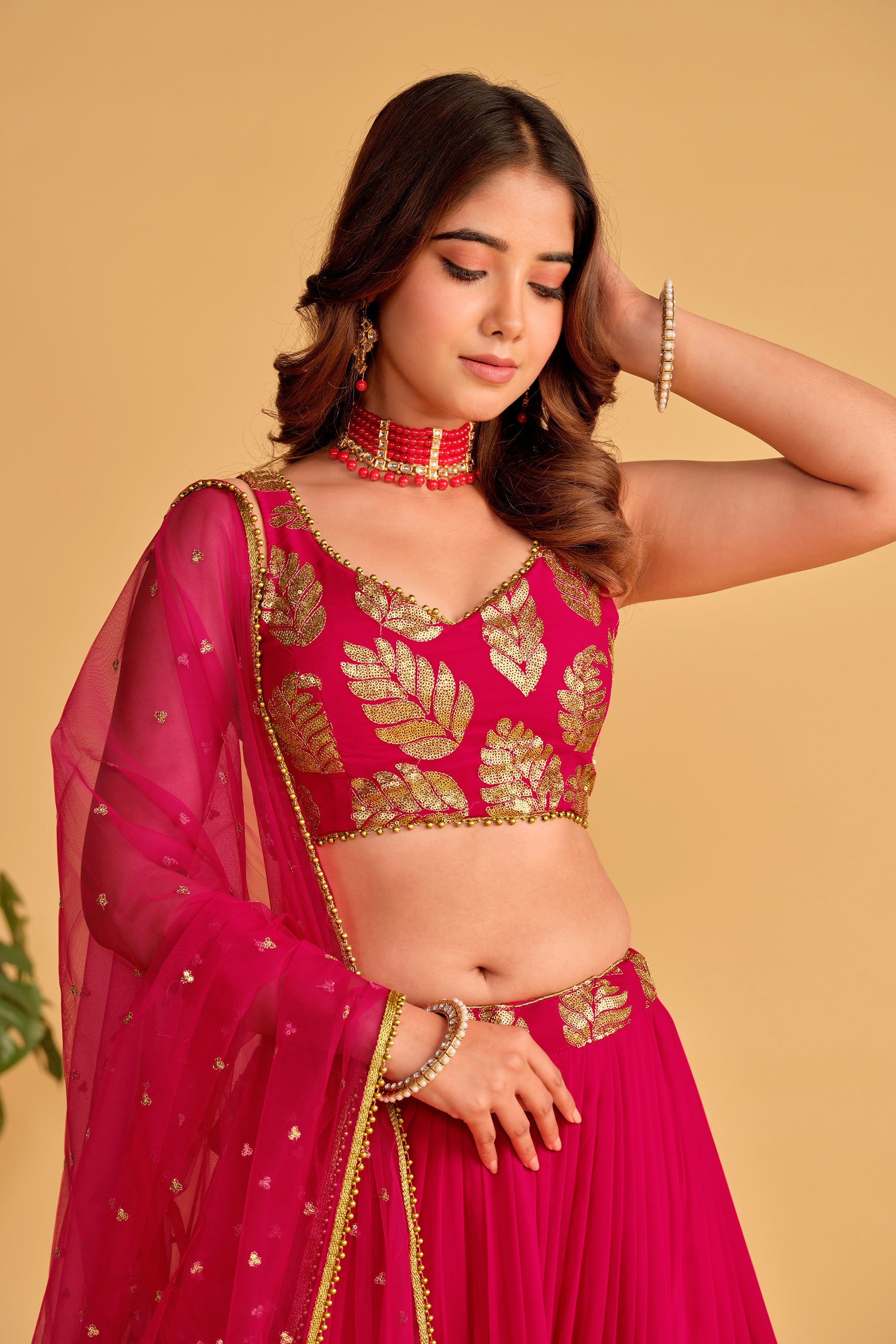 Pink Zari Embroidered Georgette Festival Wear Lehenga Choli with Dupatta