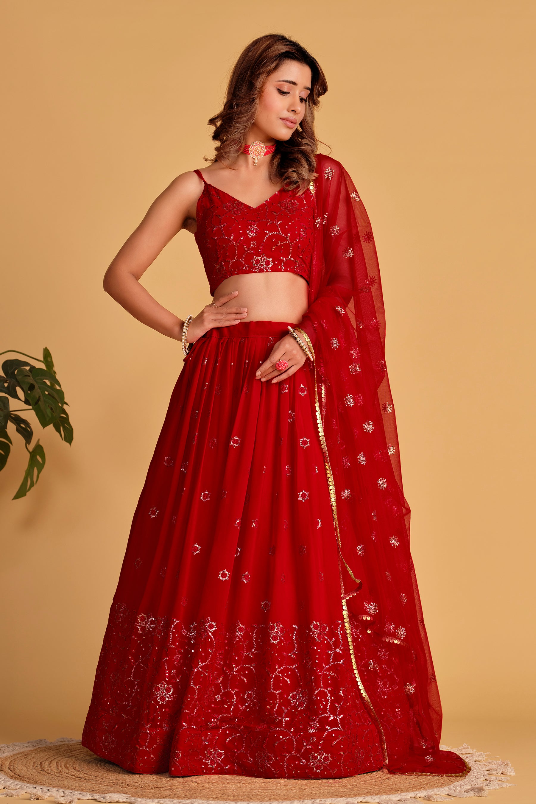 Red Embroidered Georgette Reception Lehenga Choli for Ladies