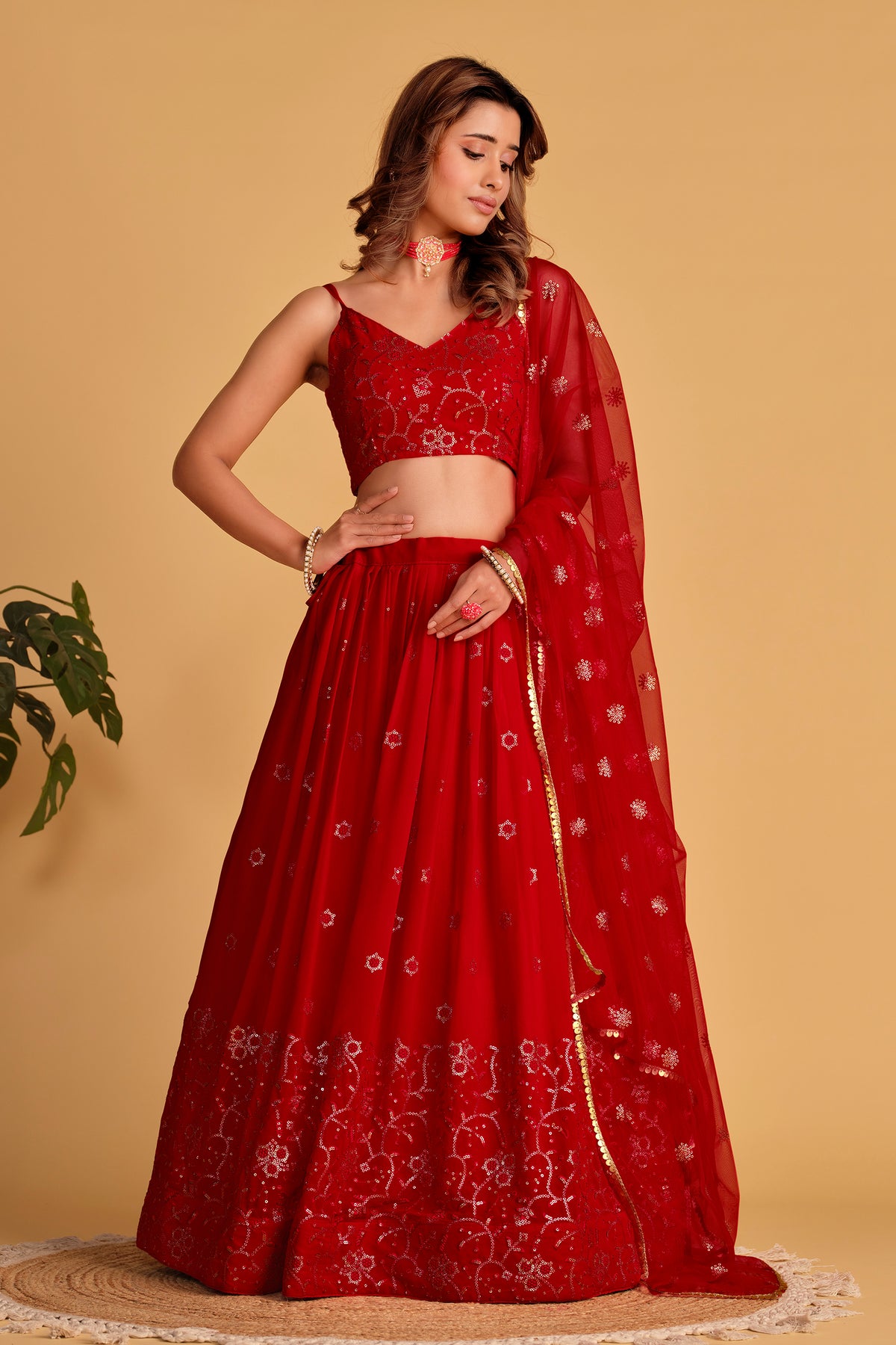 Red Embroidered Georgette Engagement Lehenga Choli for Ladies