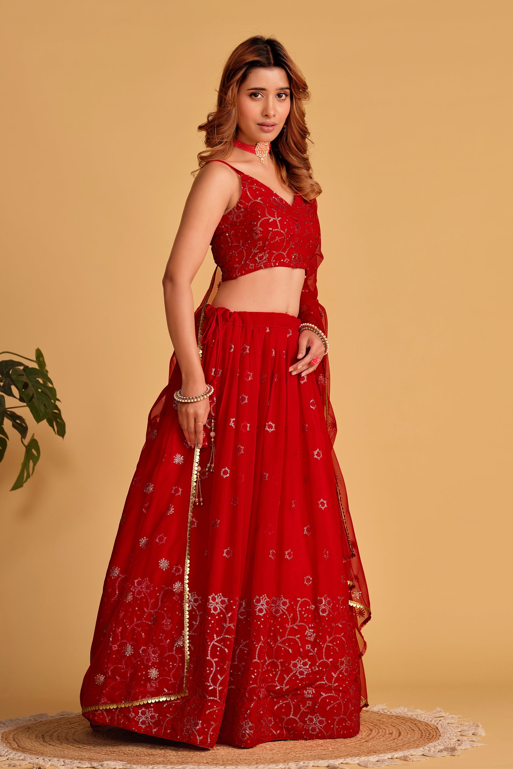 Red Embroidered Georgette Reception Lehenga Choli for Ladies