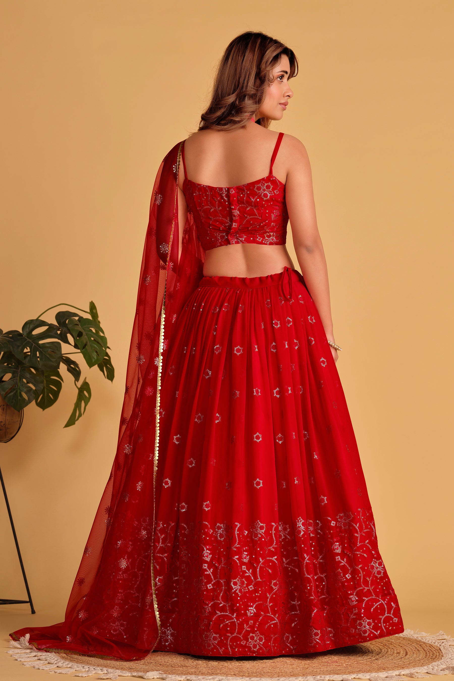 Red Embroidered Georgette Reception Lehenga Choli for Ladies