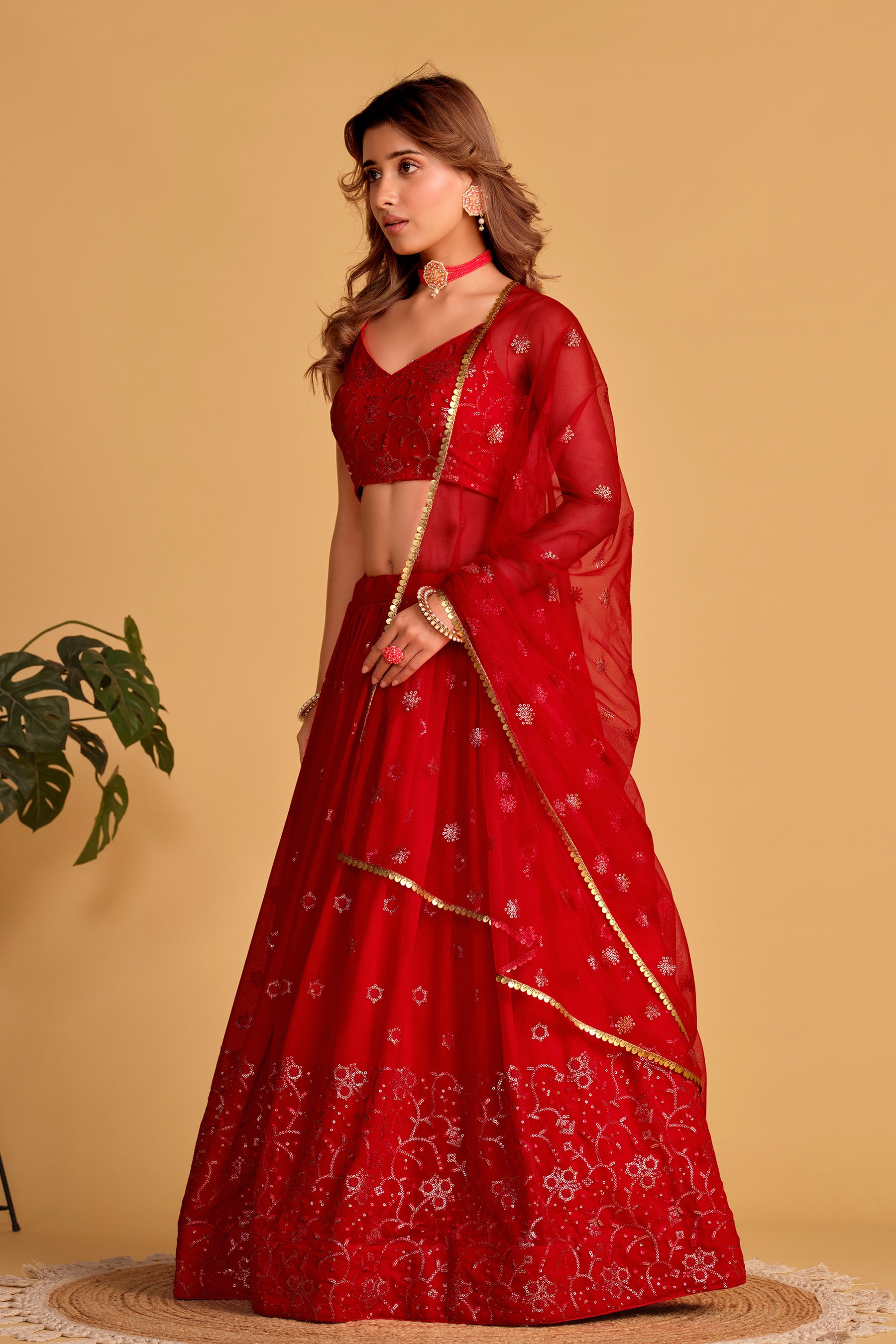 Red Embroidered Georgette Engagement Lehenga Choli for Ladies