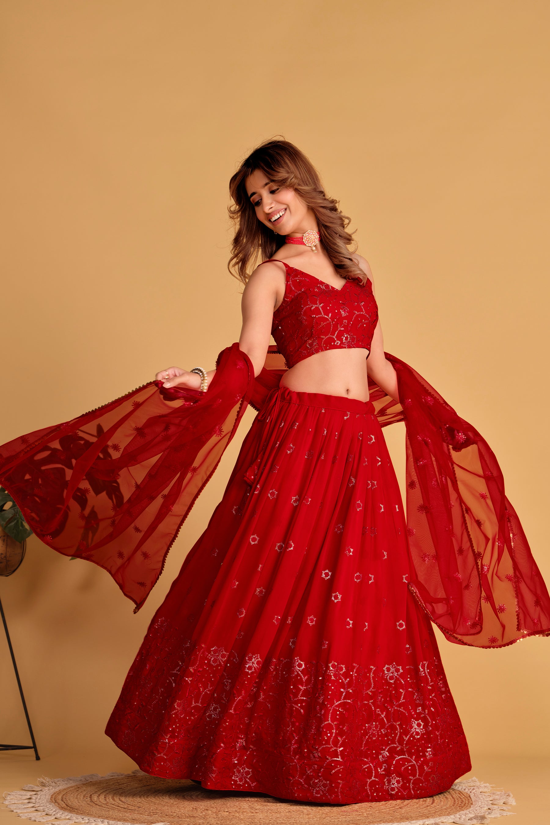 Red Embroidered Georgette Engagement Lehenga Choli for Ladies
