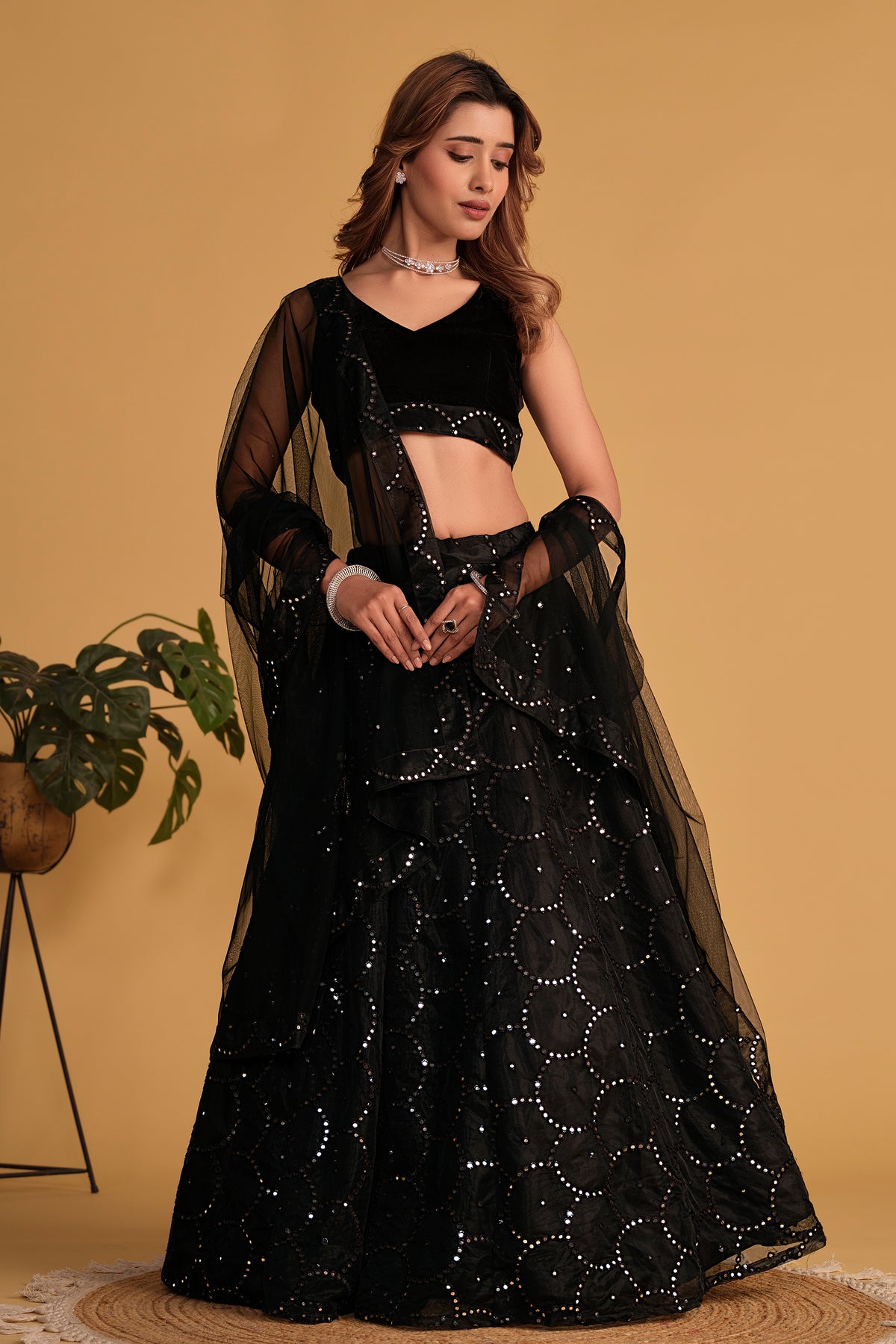 Black Mirror Work Organza Reception Lehenga Choli Occasion Wear