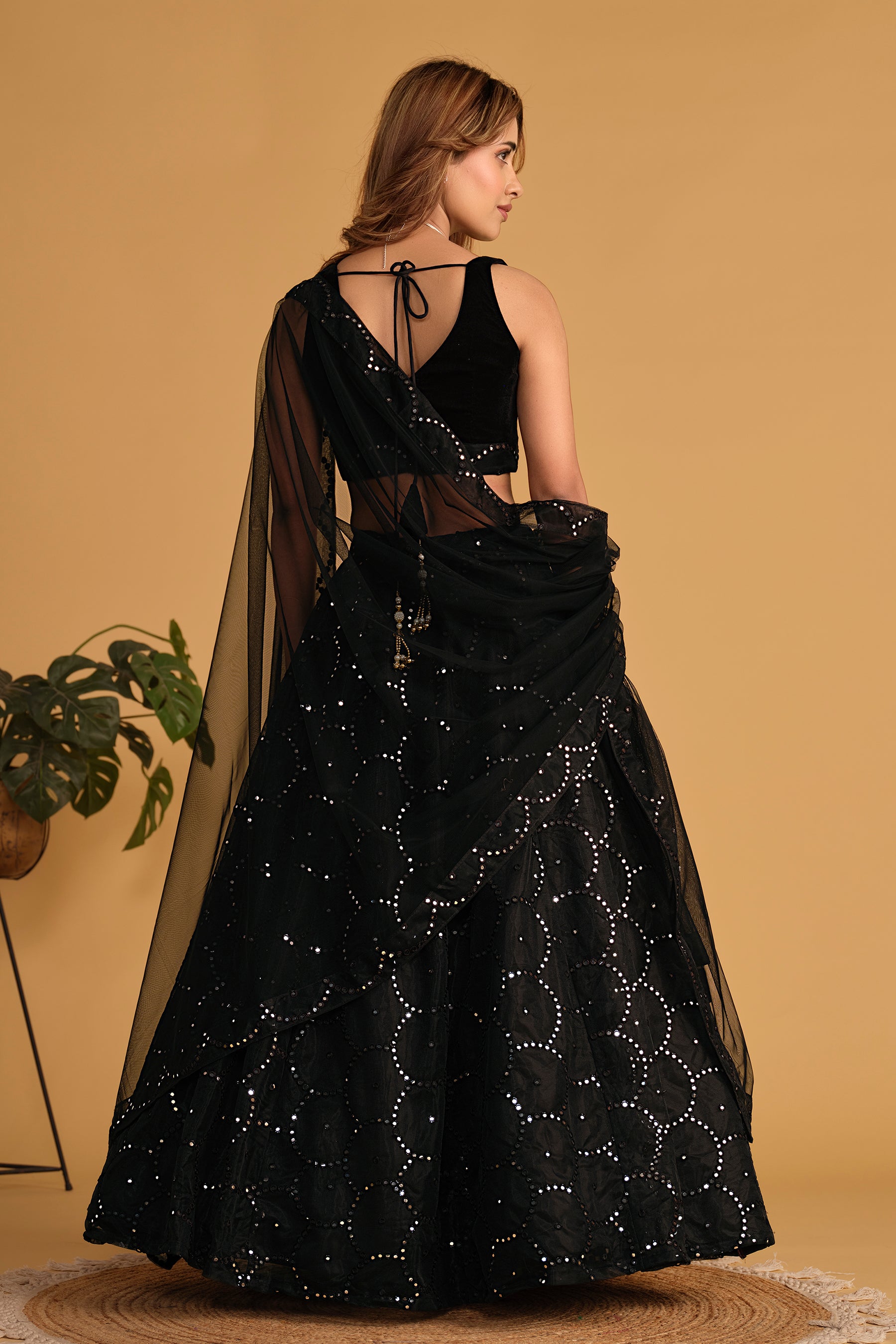 Black Mirror Work Organza Reception Lehenga Choli Occasion Wear