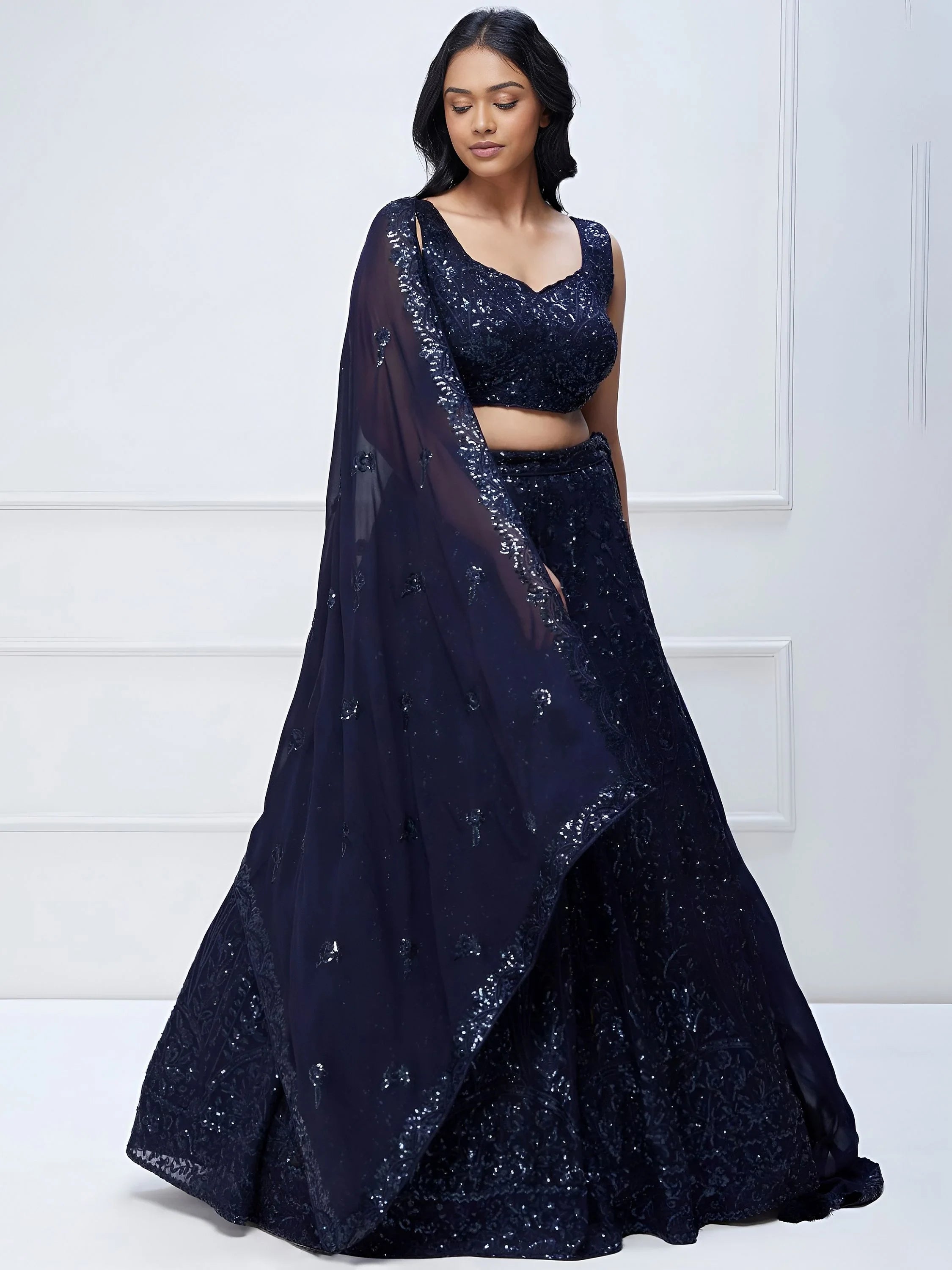 Navy Blue Sequins Georgette Reception Lehenga Choli Festive Collection