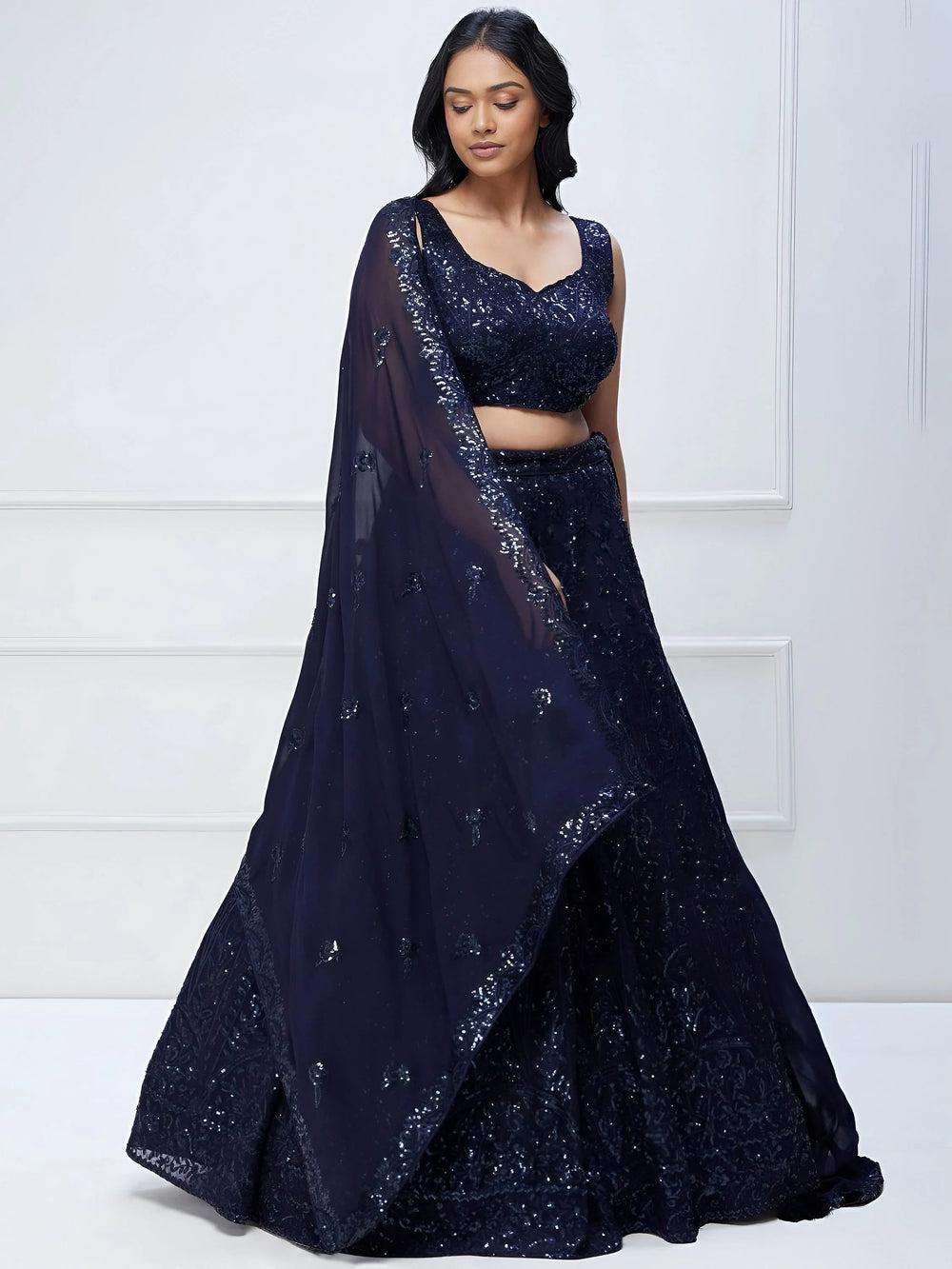 Navy Blue Sequins Georgette Reception Lehenga Choli Festive Collection