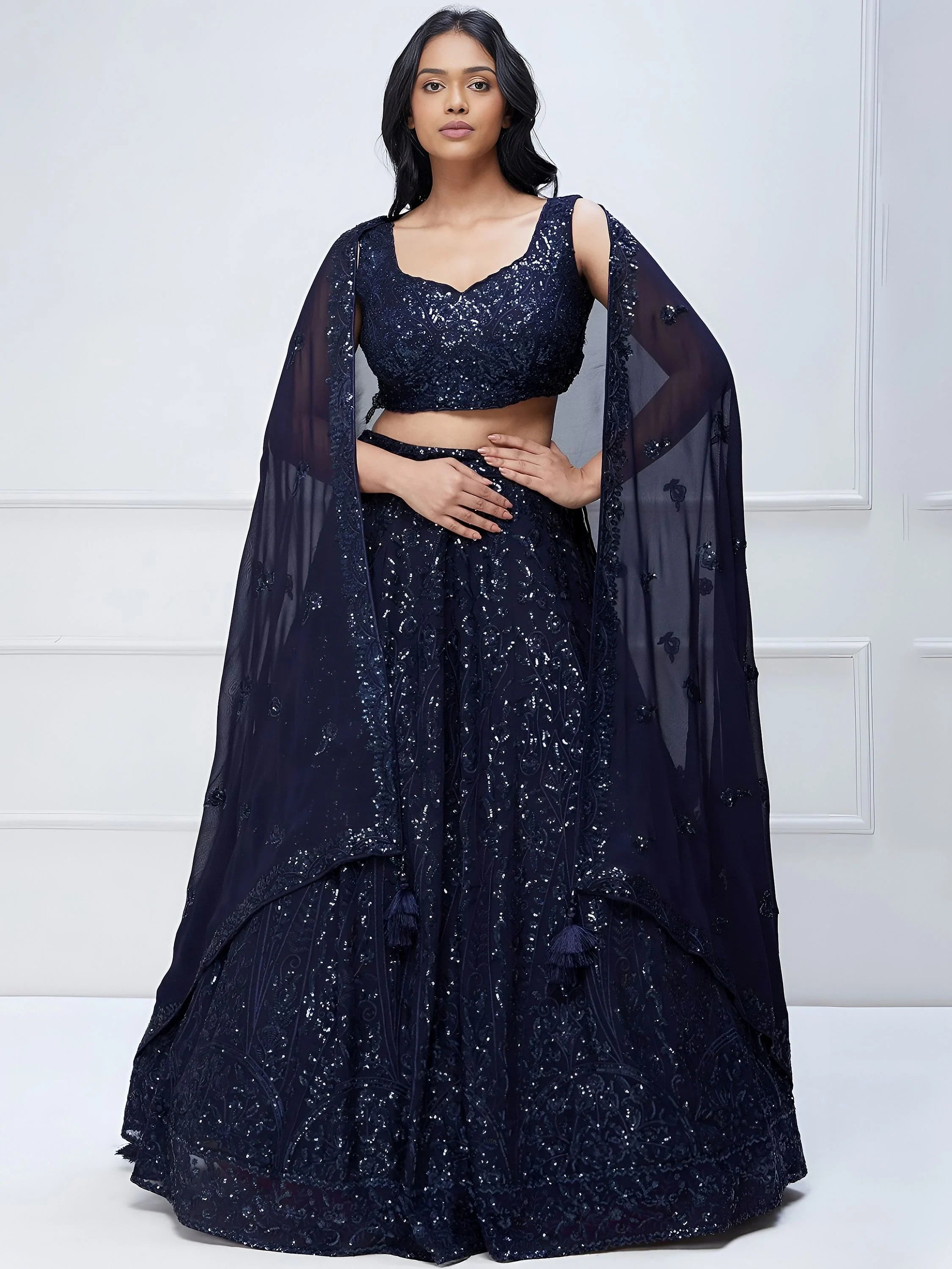 Navy Blue Sequins Georgette Reception Lehenga Choli Festive Collection