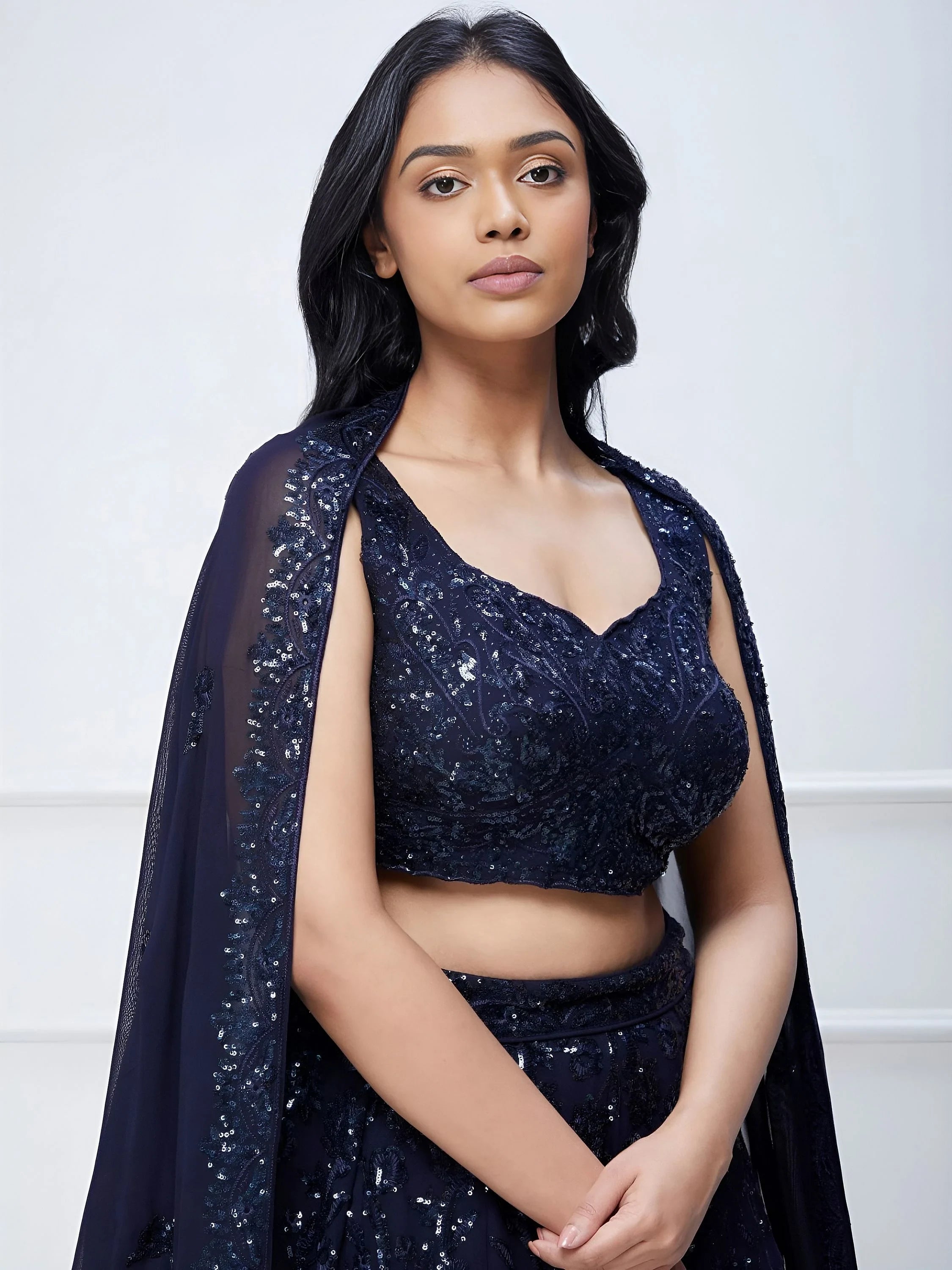 Navy Blue Sequins Georgette Reception Lehenga Choli Festive Collection