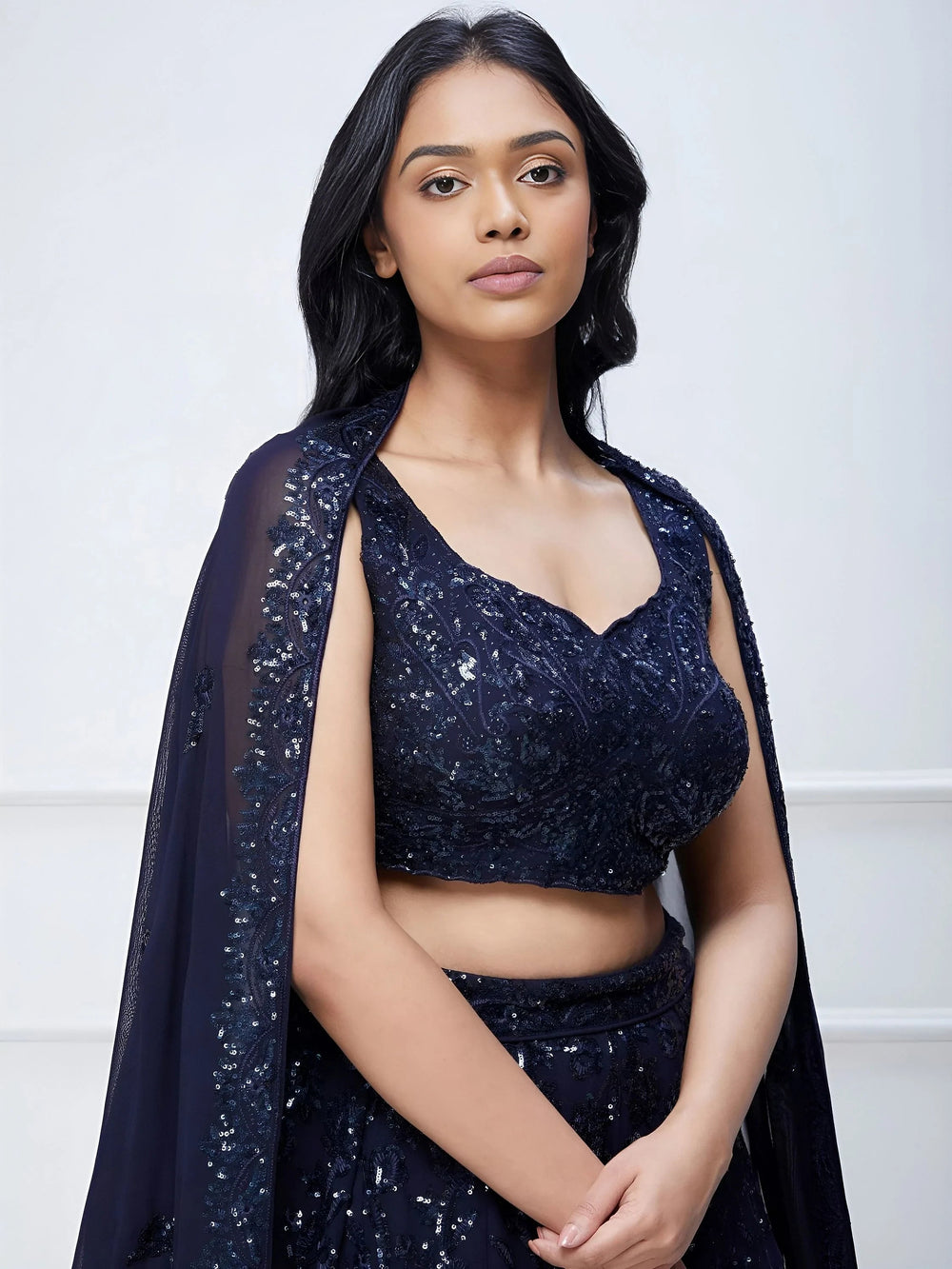 Navy Blue Sequins Georgette Reception Lehenga Choli Festive Collection