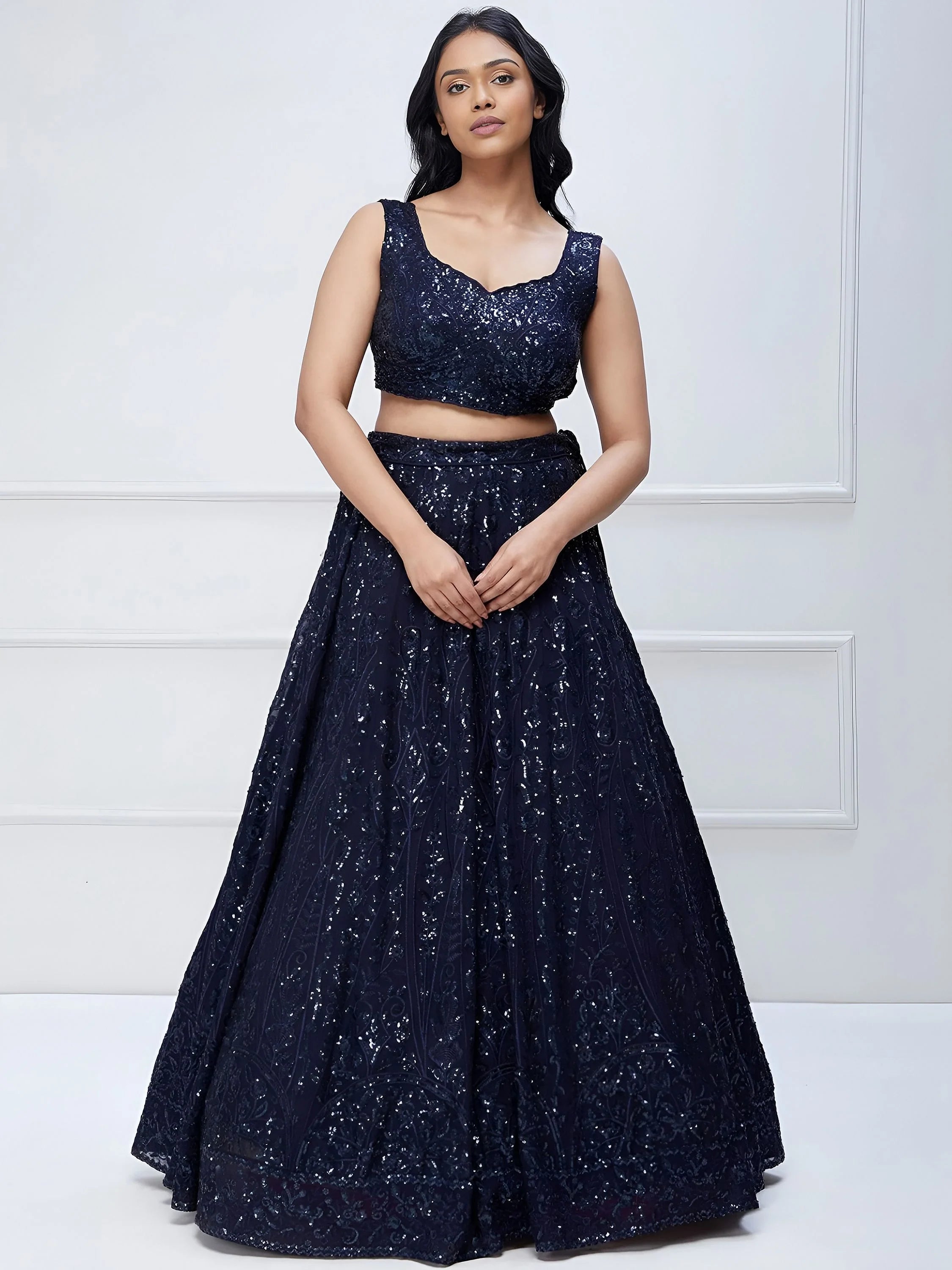 Navy Blue Sequins Georgette Reception Lehenga Choli Festive Collection