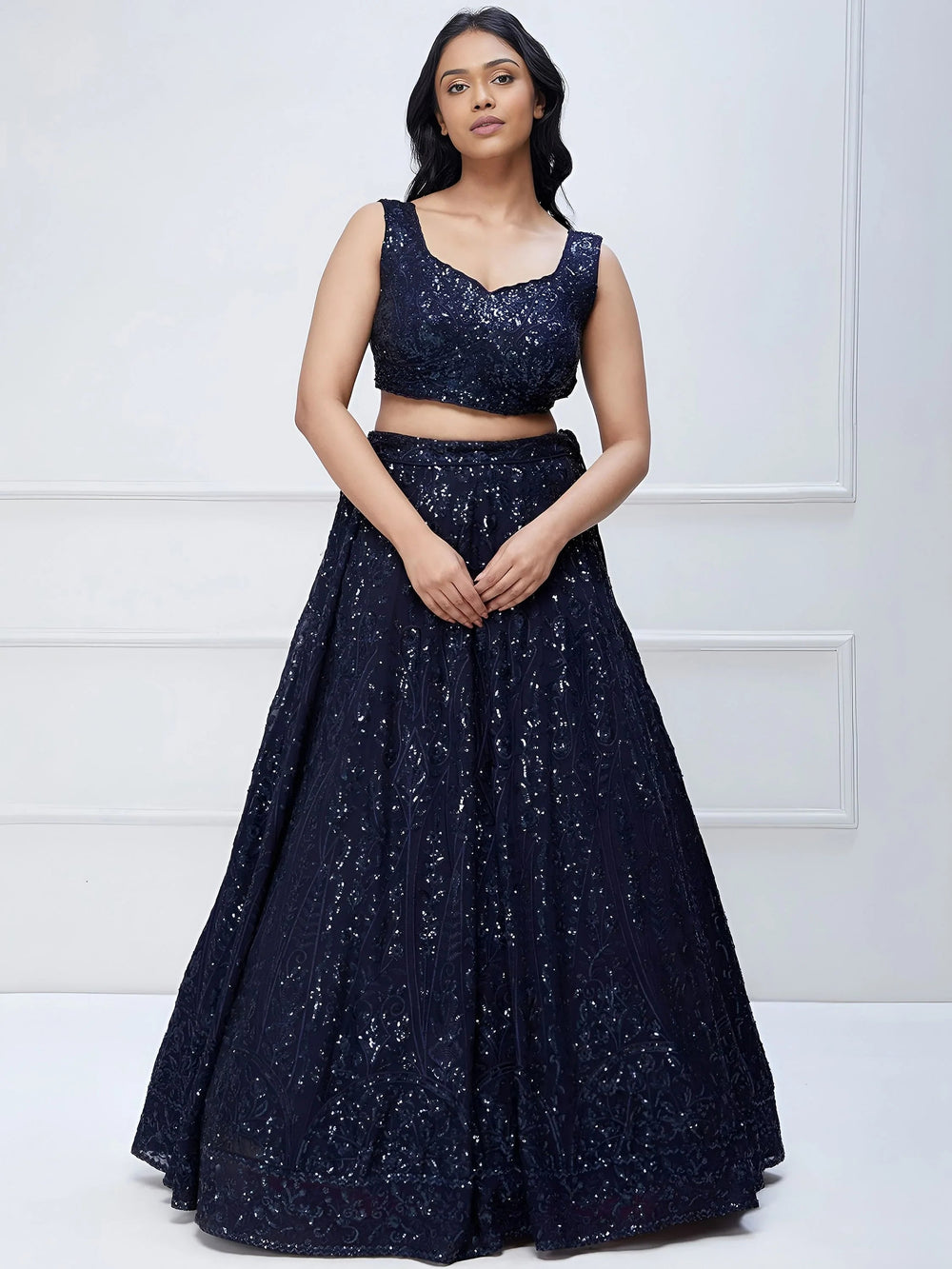 Navy Blue Sequins Georgette Reception Lehenga Choli Festive Collection