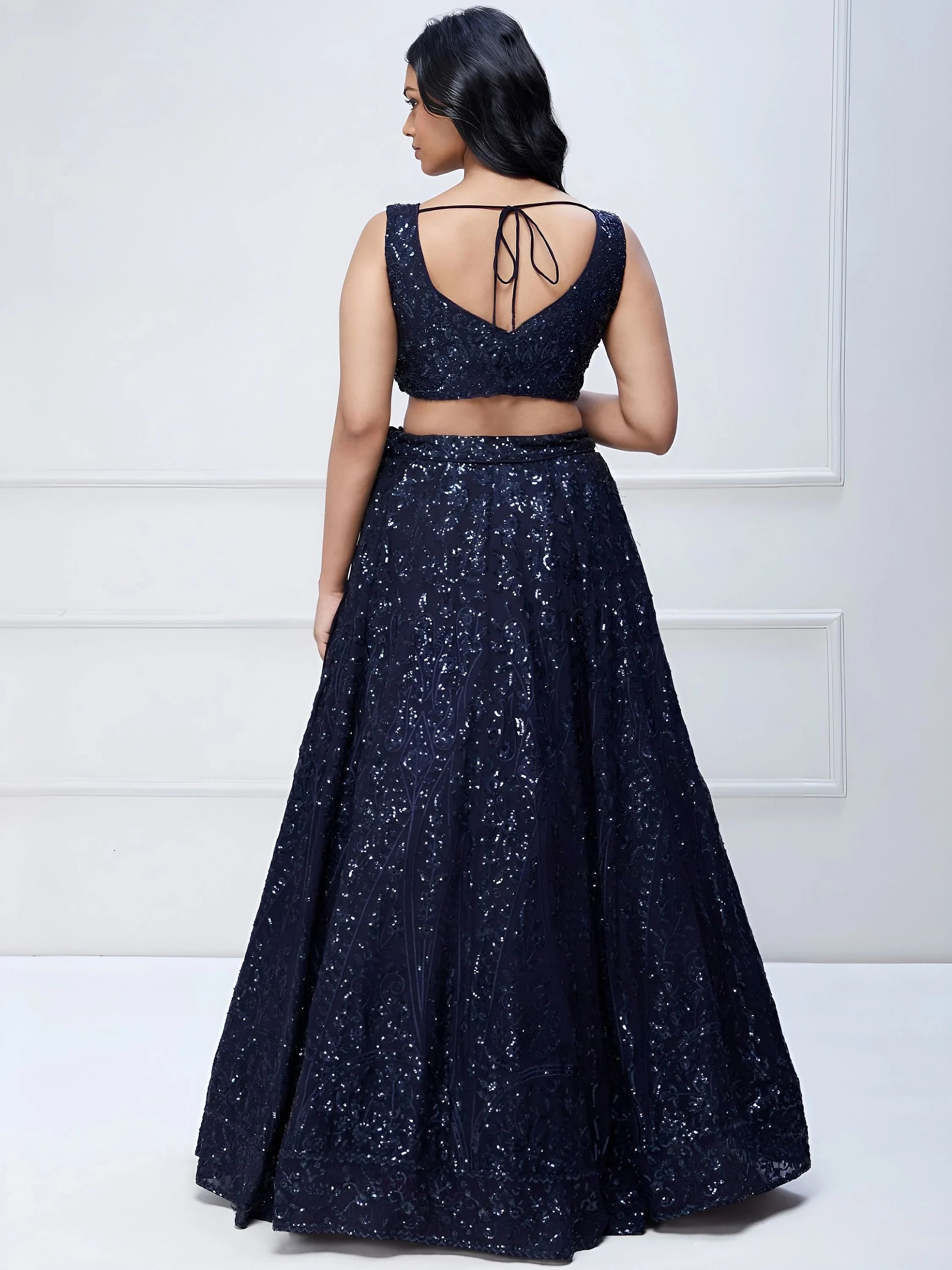 Navy Blue Sequins Georgette Reception Lehenga Choli Festive Collection