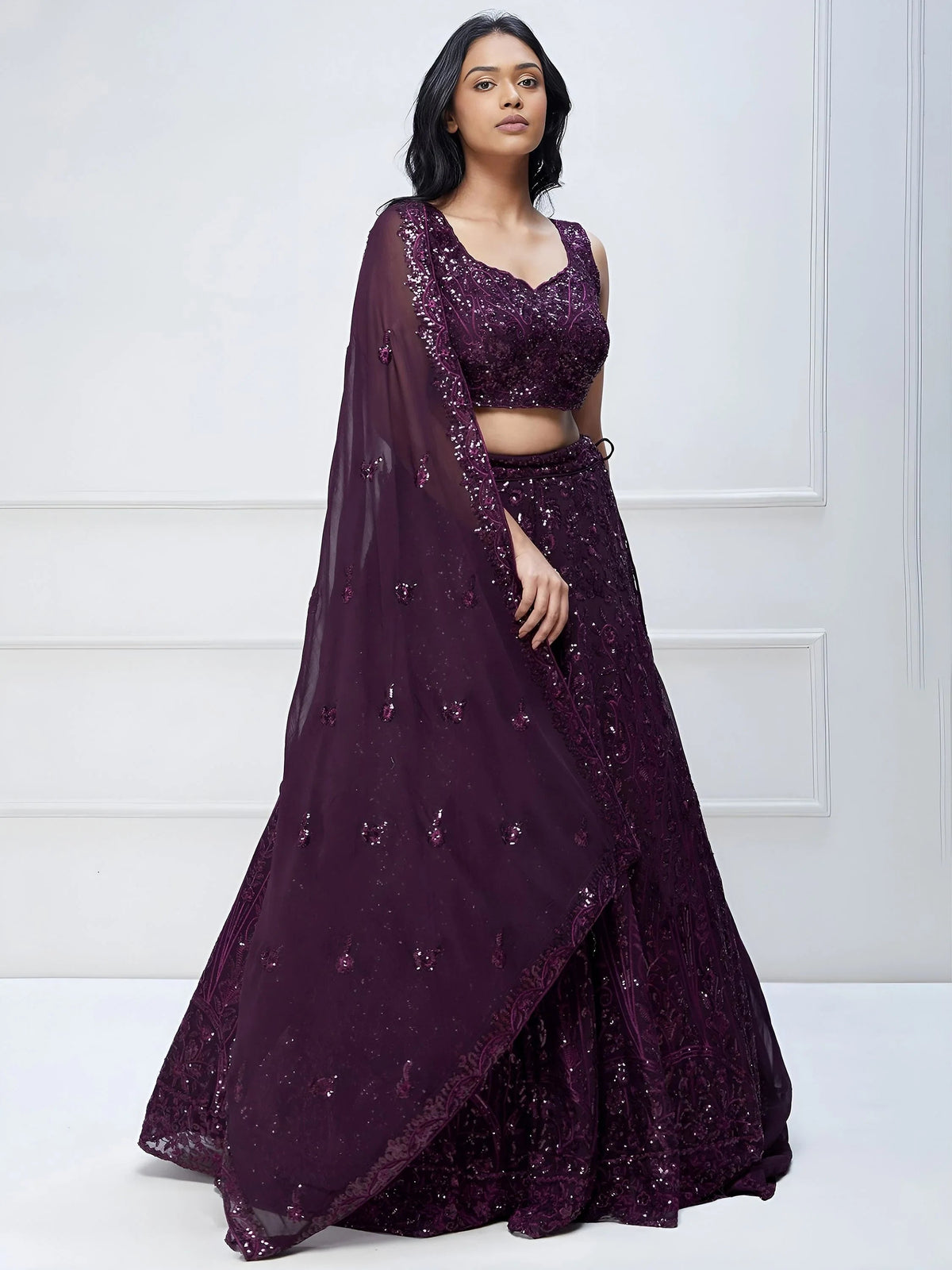 Purple Sequins Georgette Party Lehenga Choli for Women