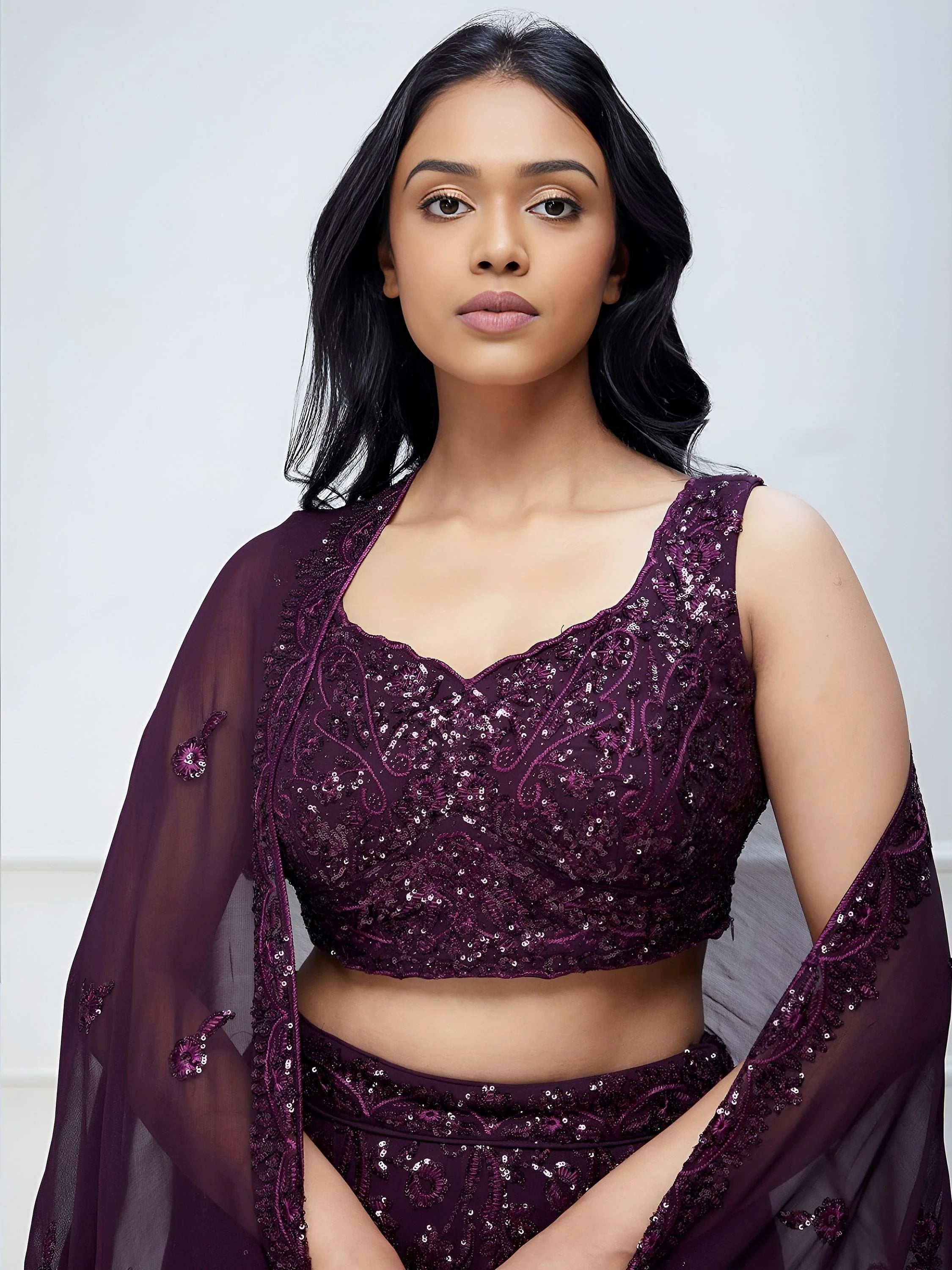 Purple Sequins Georgette Party Lehenga Choli for Women