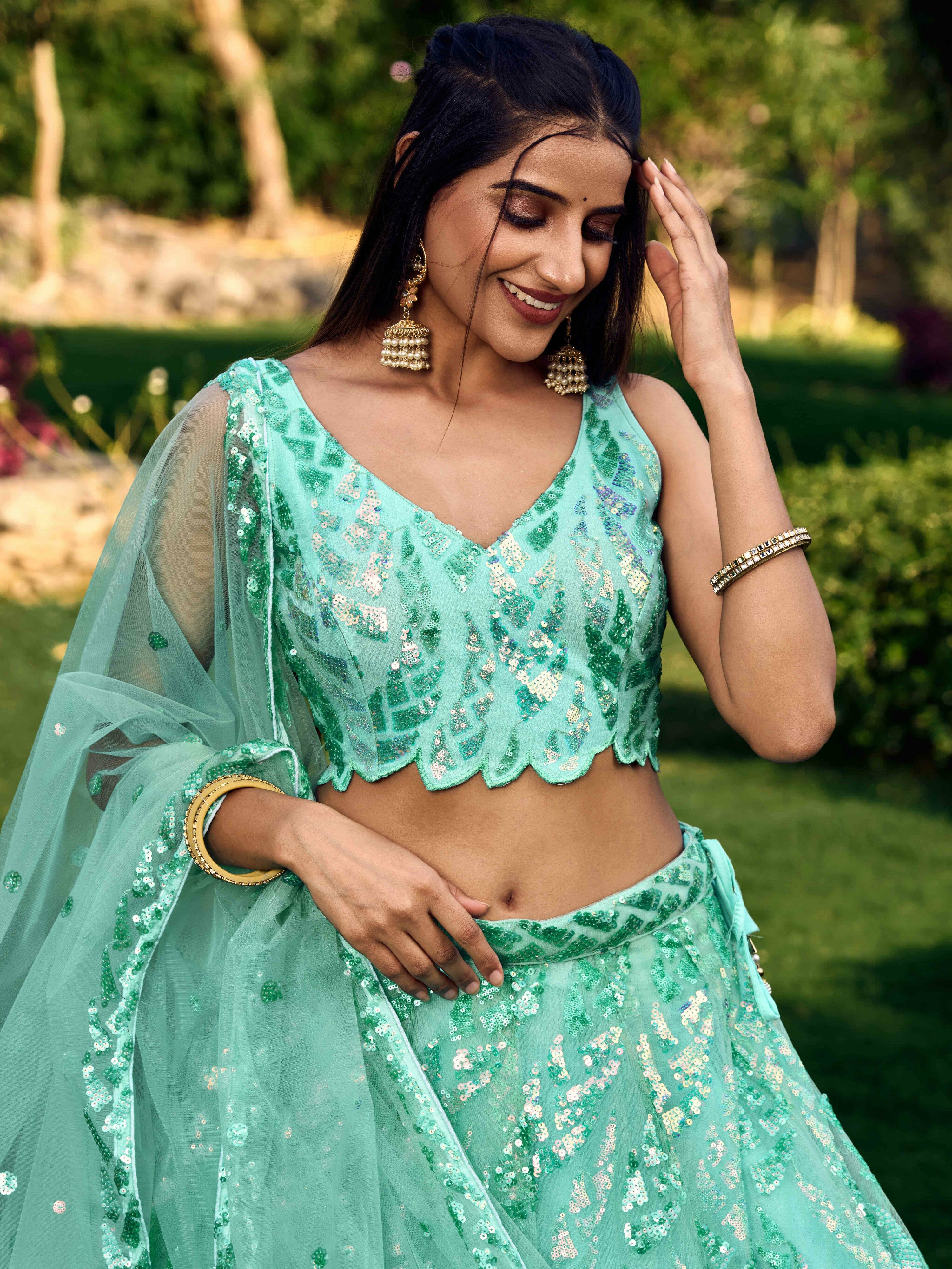 Turquoise Impressive Sequins Net Function Lehenga Choli with Dupatta for Women