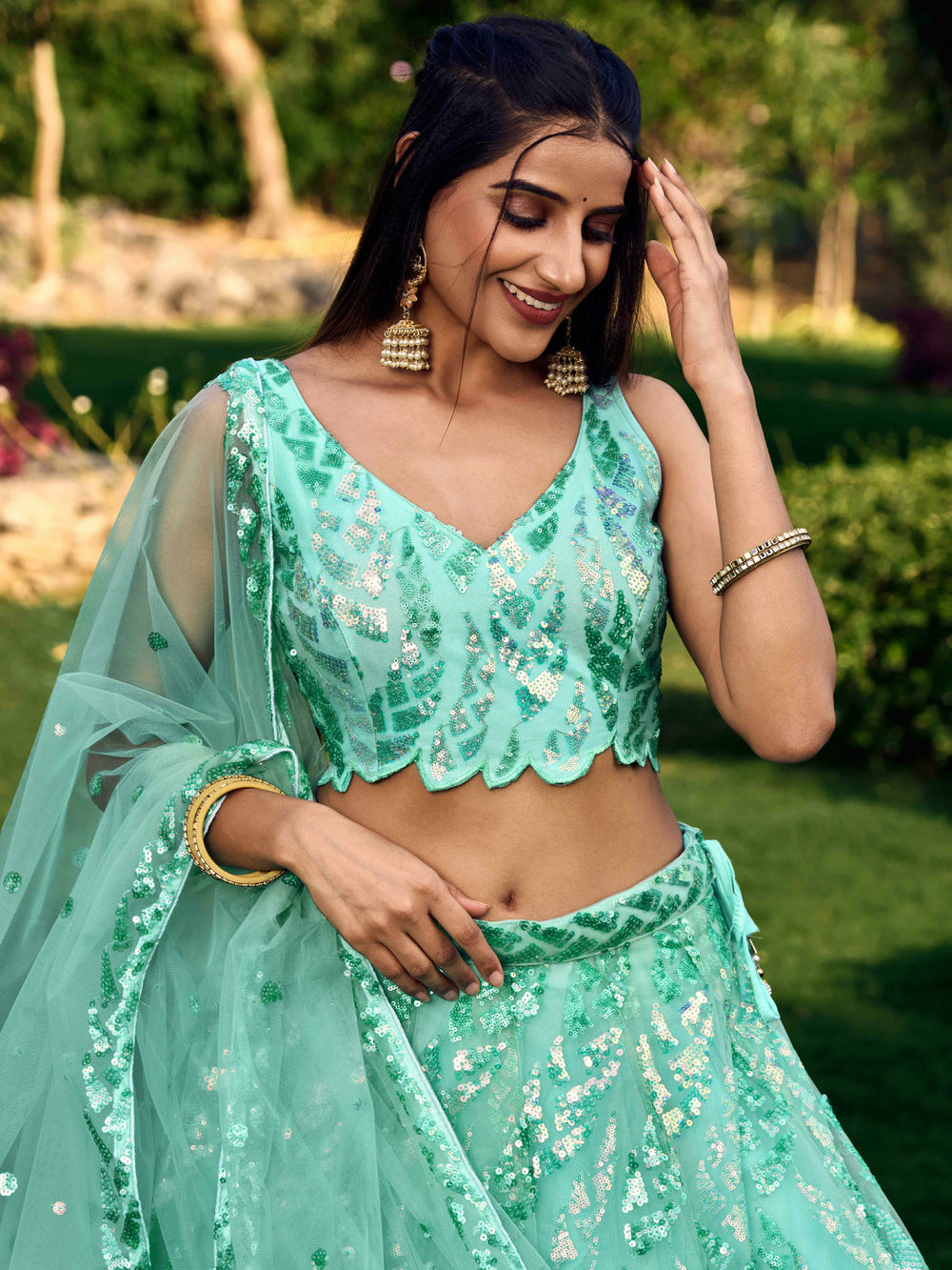 Turquoise Impressive Sequins Net Function Lehenga Choli with Dupatta for Women