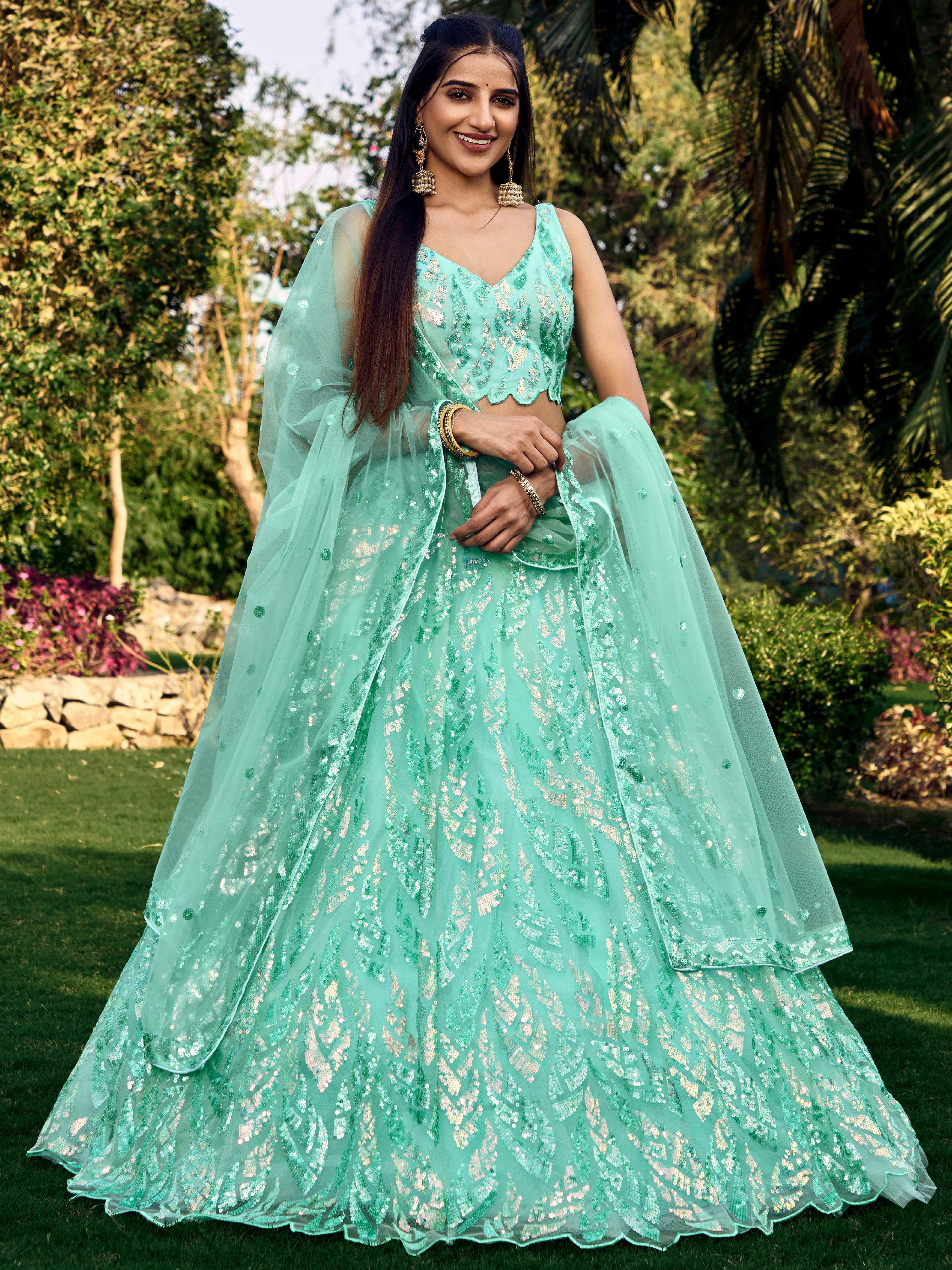 Turquoise Impressive Sequins Net Function Lehenga Choli with Dupatta for Women