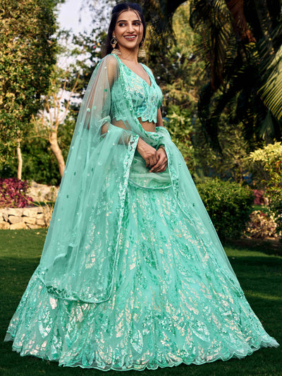 Turquoise Impressive Sequins Net Function Lehenga Choli with Dupatta for Women