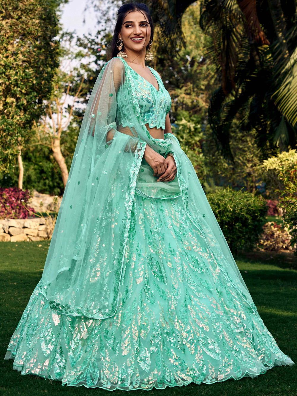 Turquoise Impressive Sequins Net Function Lehenga Choli with Dupatta for Women