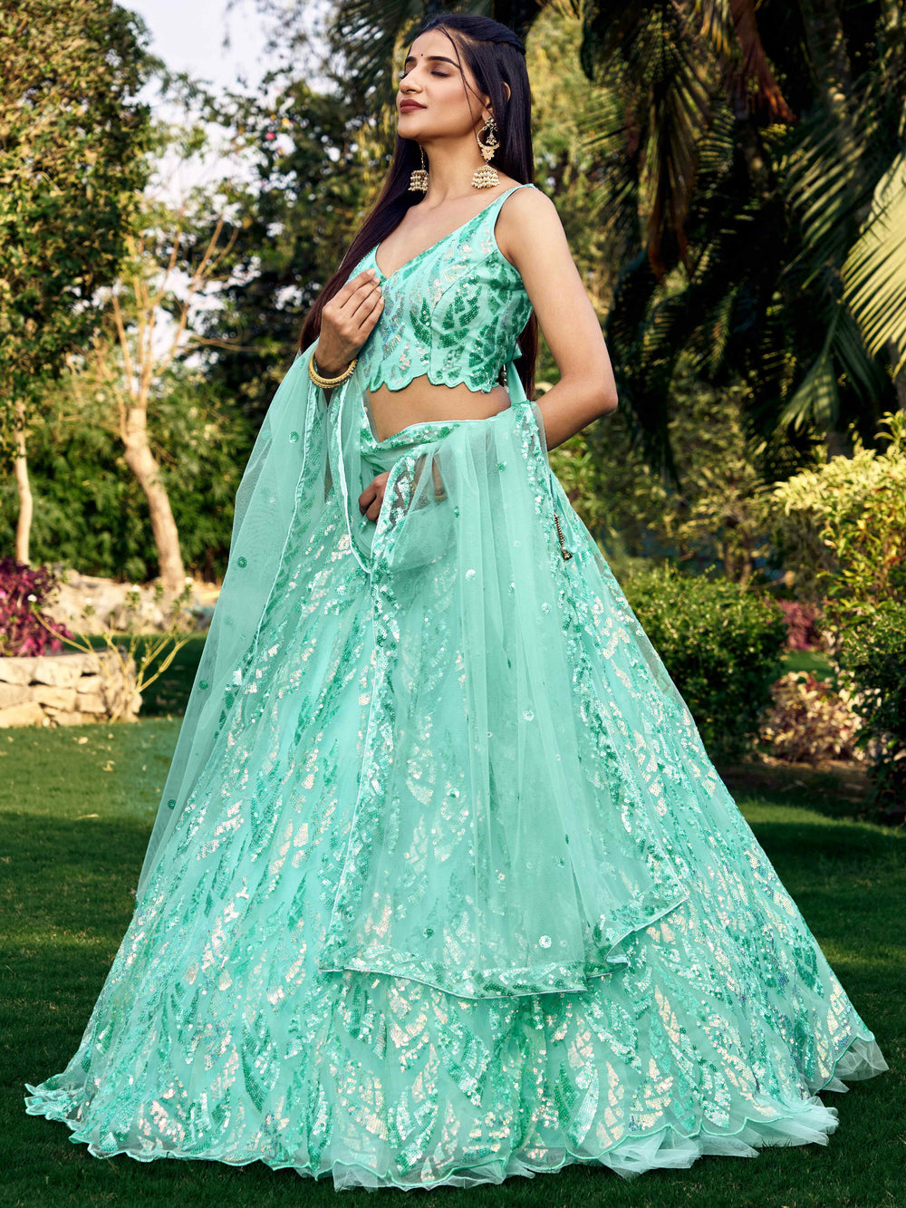 Turquoise Impressive Sequins Net Function Lehenga Choli with Dupatta for Women