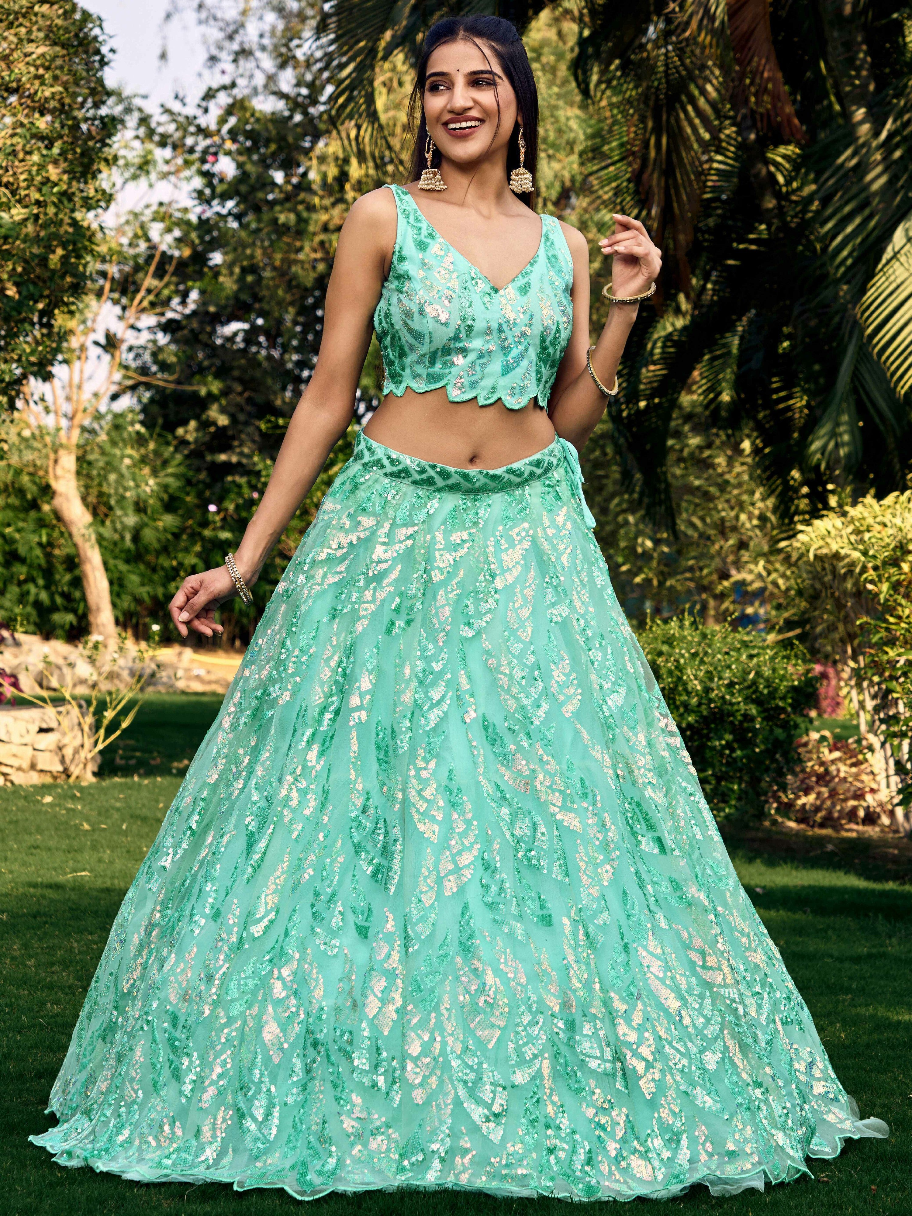Turquoise Impressive Sequins Net Function Lehenga Choli with Dupatta for Women