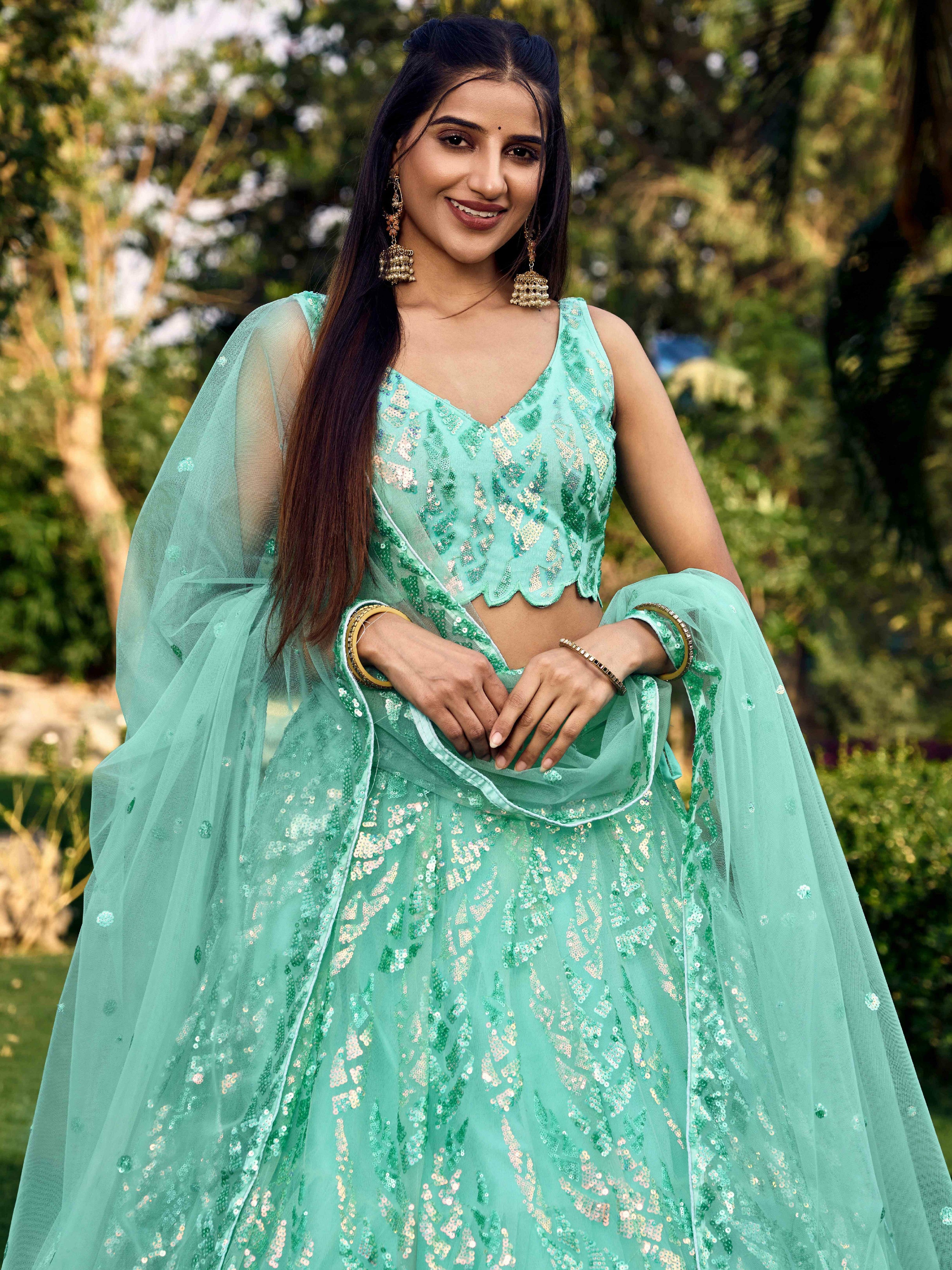 Turquoise Impressive Sequins Net Function Lehenga Choli with Dupatta for Women