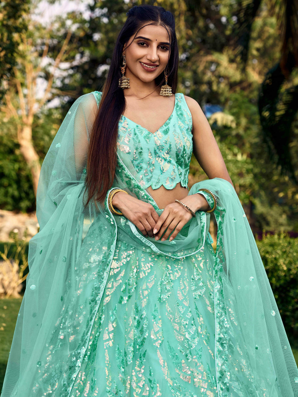 Turquoise Impressive Sequins Net Function Lehenga Choli with Dupatta for Women