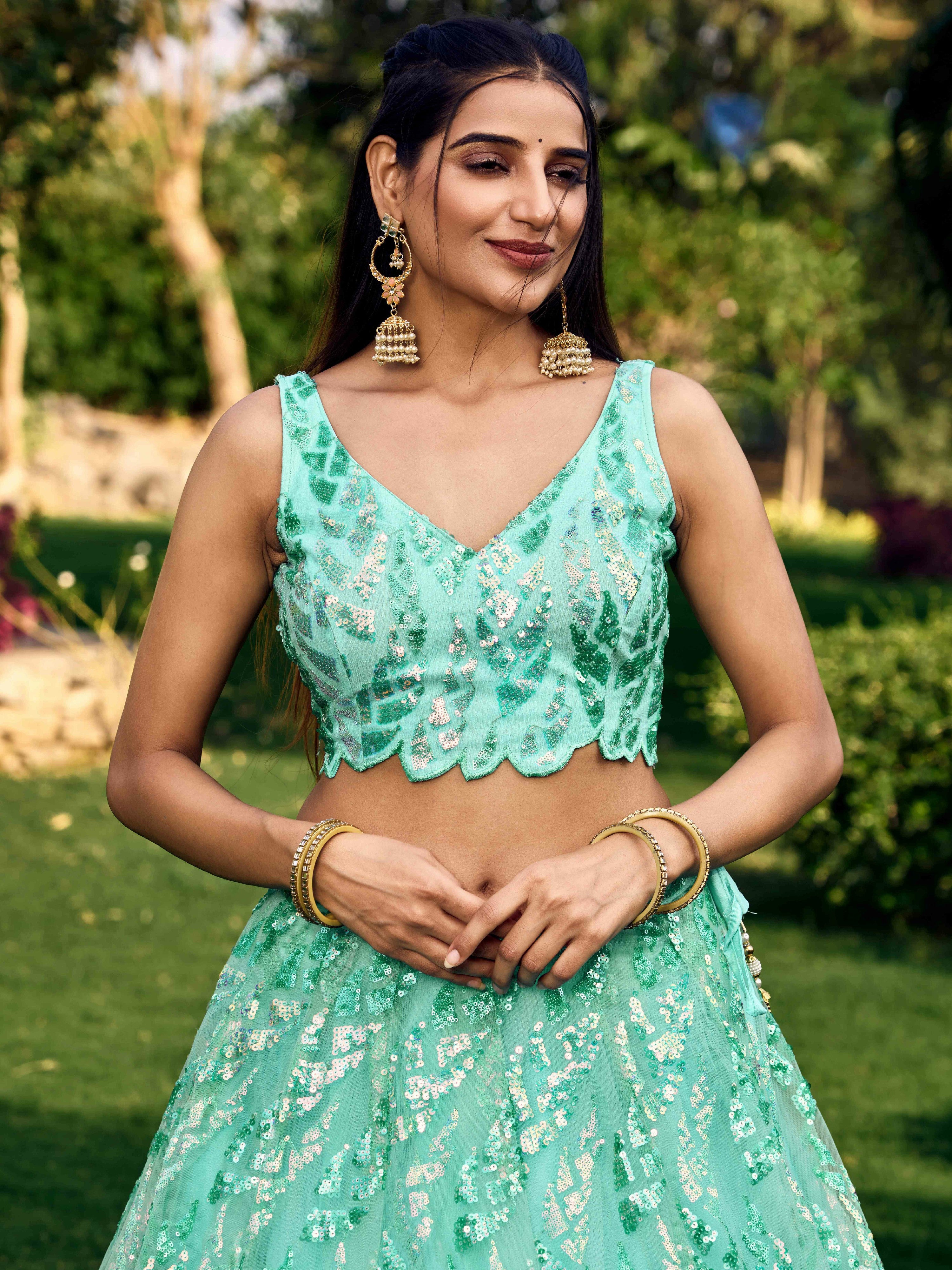 Turquoise Impressive Sequins Net Function Lehenga Choli with Dupatta for Women