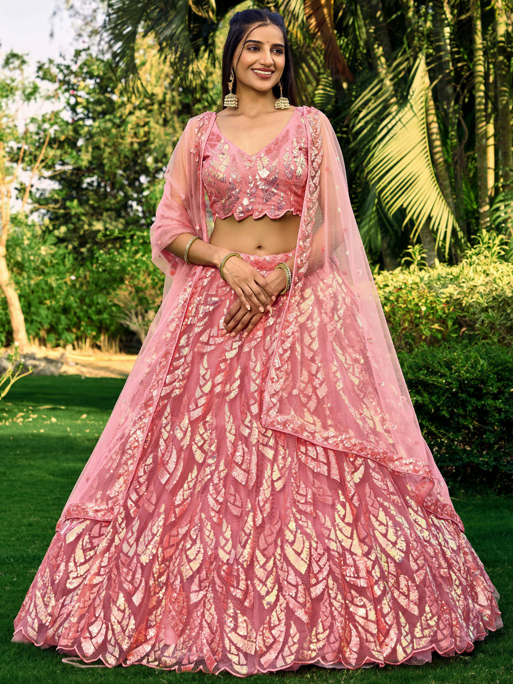 Pink Impressive Sequins Net Function Lehenga Choli with Dupatta for Women