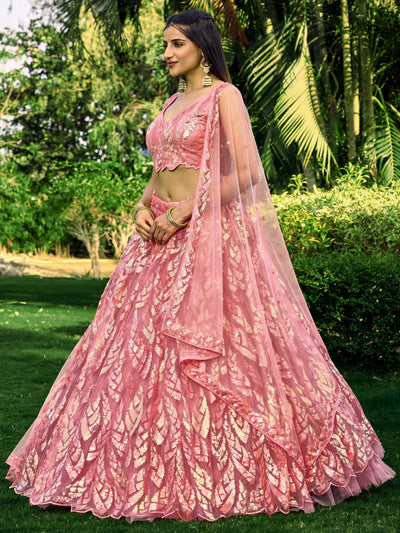 Pink Impressive Sequins Net Function Lehenga Choli with Dupatta for Women