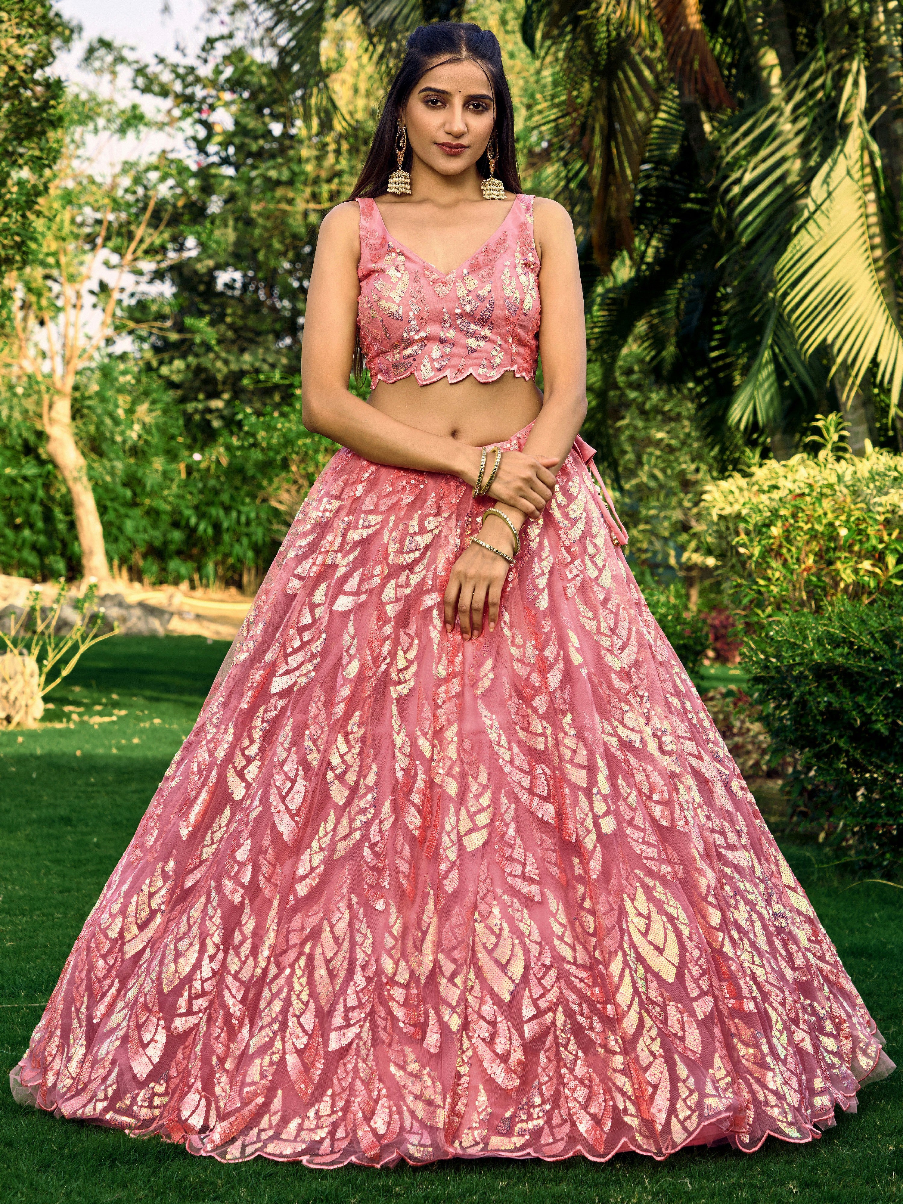 Pink Impressive Sequins Net Function Lehenga Choli with Dupatta for Women