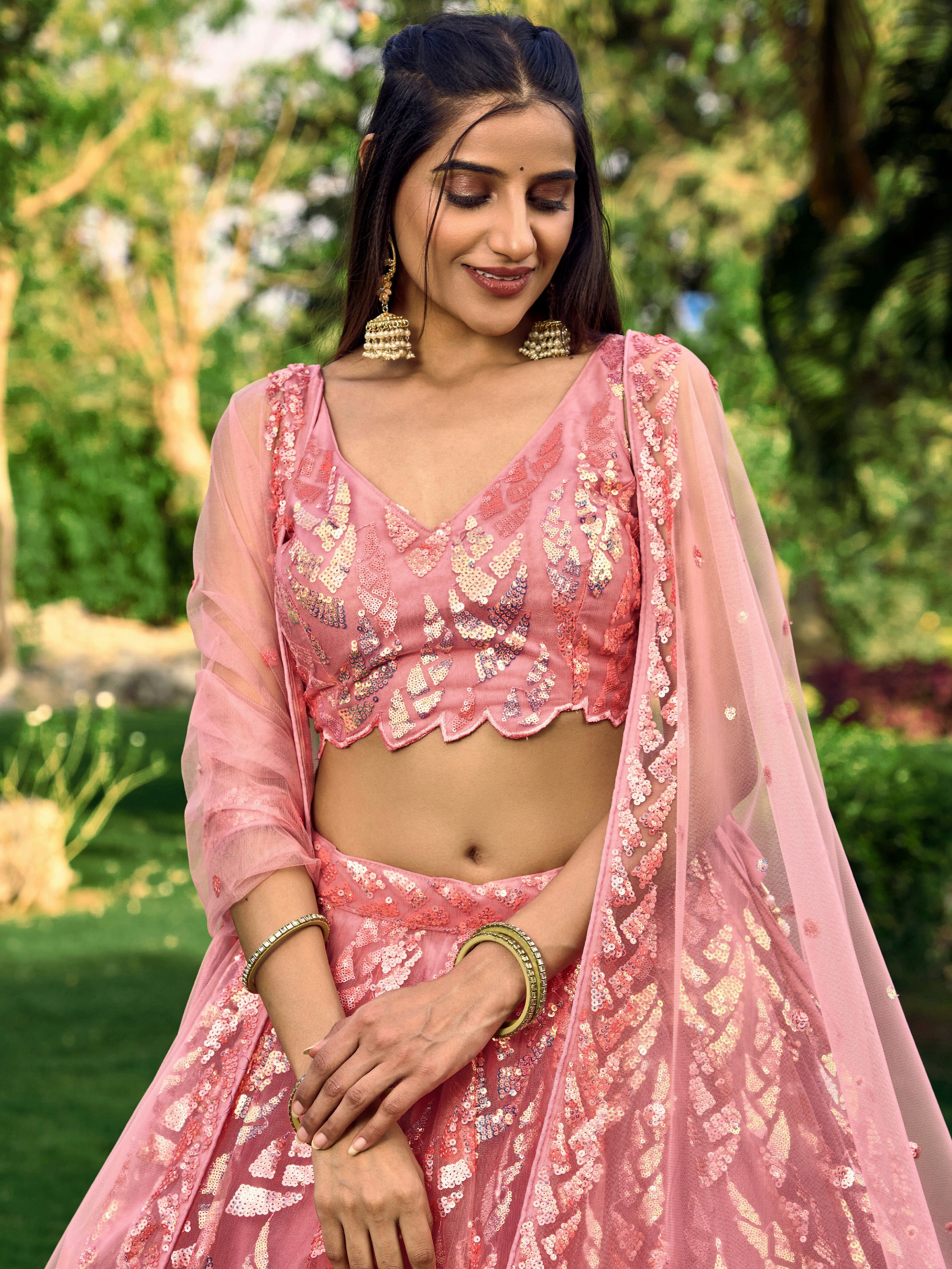 Pink Impressive Sequins Net Function Lehenga Choli with Dupatta for Women