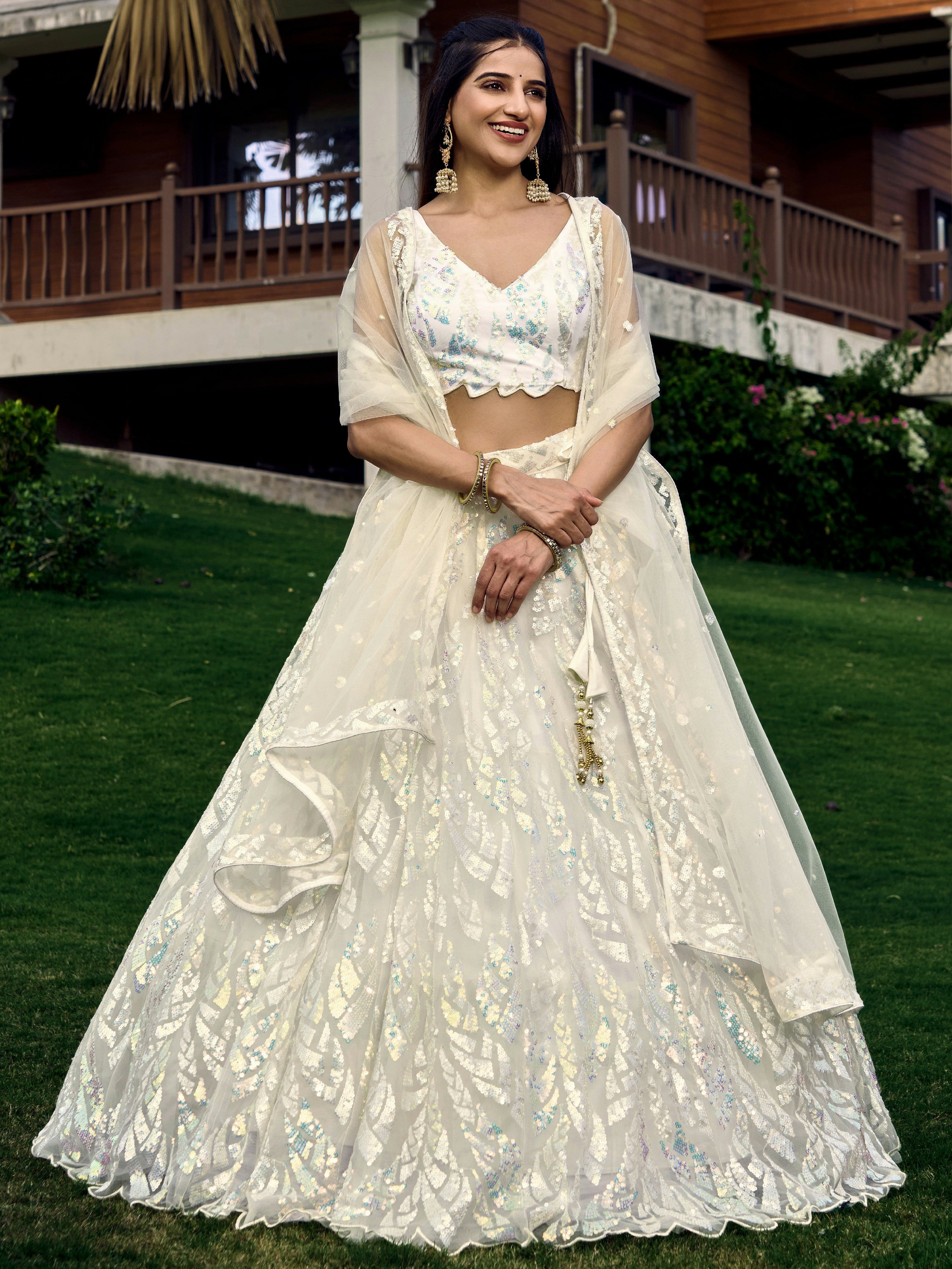 Off White Impressive Sequins Net Function Lehenga Choli with Dupatta for Women