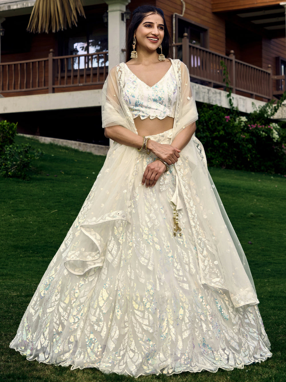 Off White Impressive Sequins Net Function Lehenga Choli with Dupatta for Women