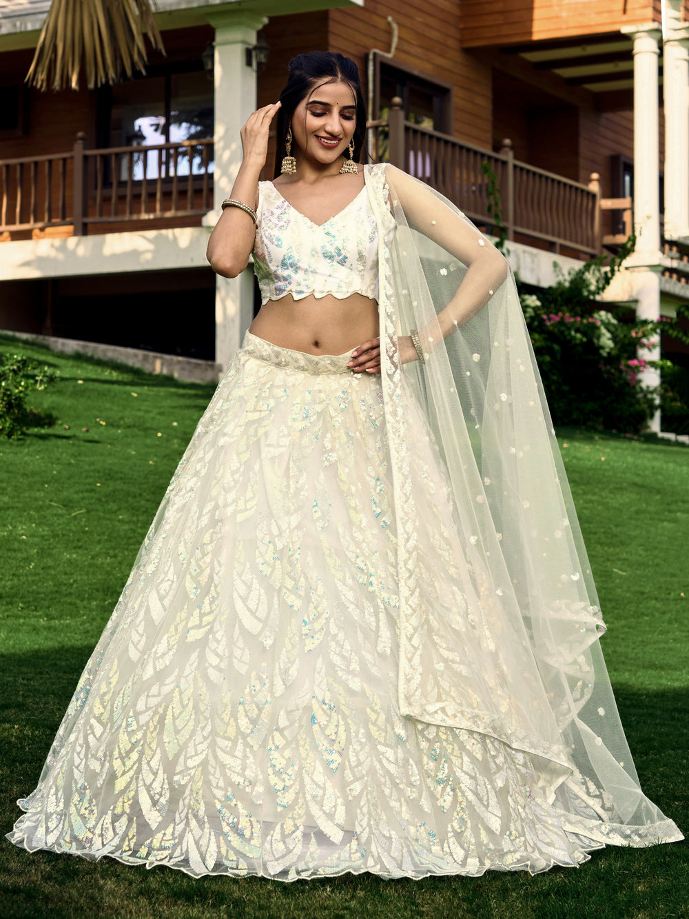 Off White Impressive Sequins Net Function Lehenga Choli with Dupatta for Women