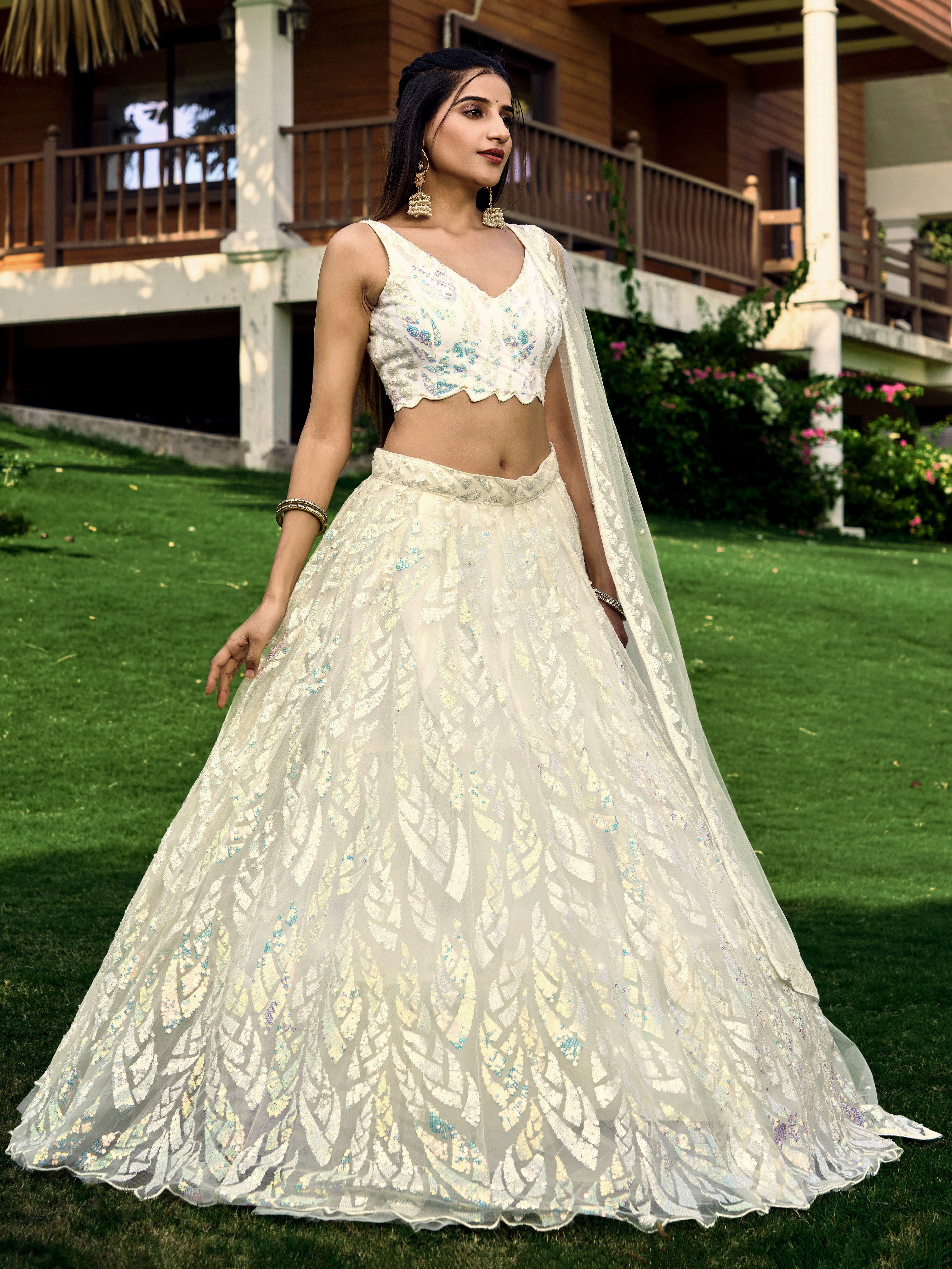 Off White Impressive Sequins Net Function Lehenga Choli with Dupatta for Women