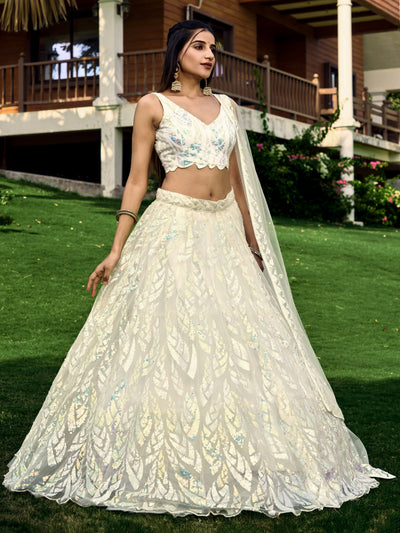 Off White Impressive Sequins Net Function Lehenga Choli with Dupatta for Women