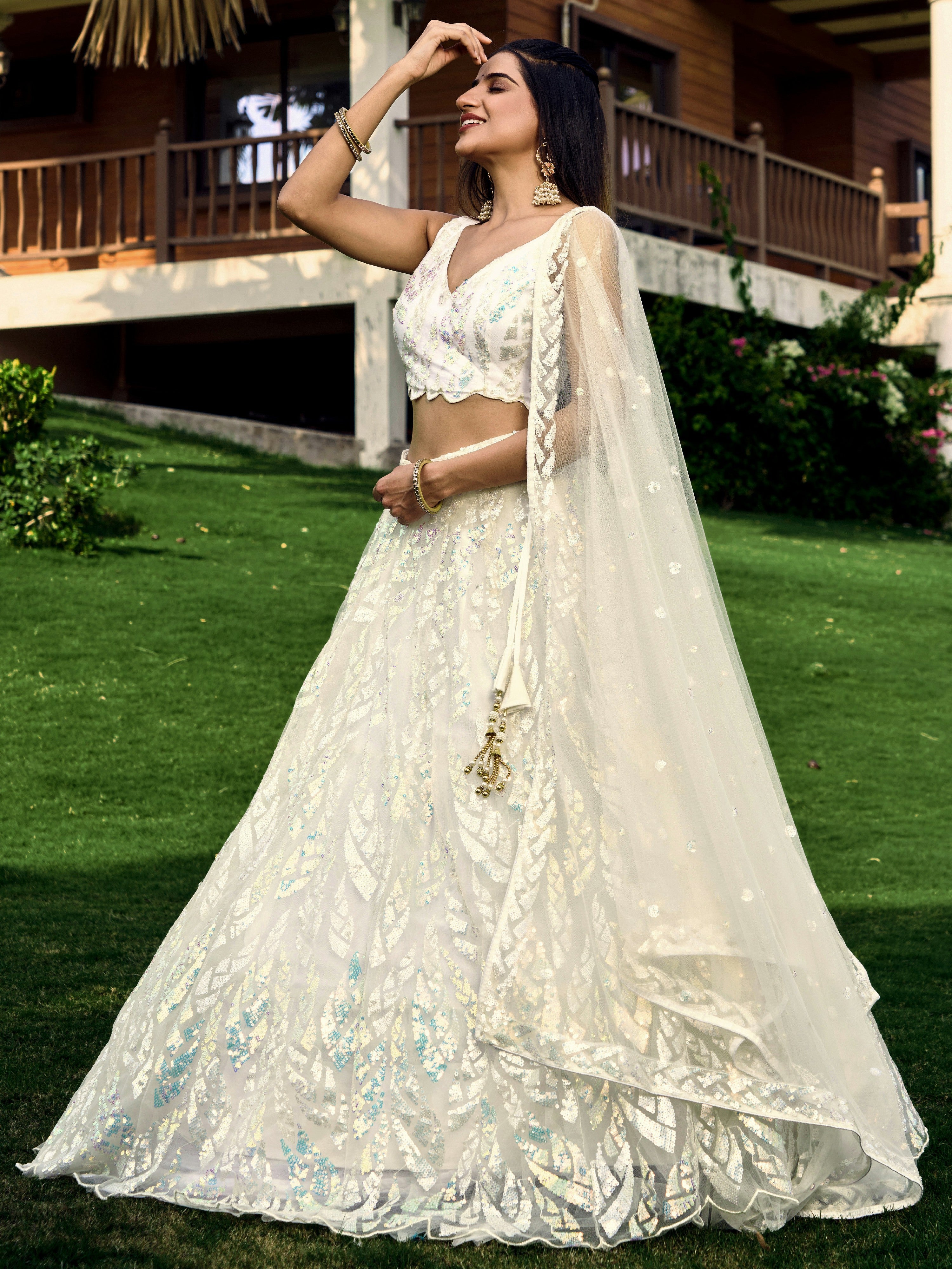 Off White Impressive Sequins Net Function Lehenga Choli with Dupatta for Women