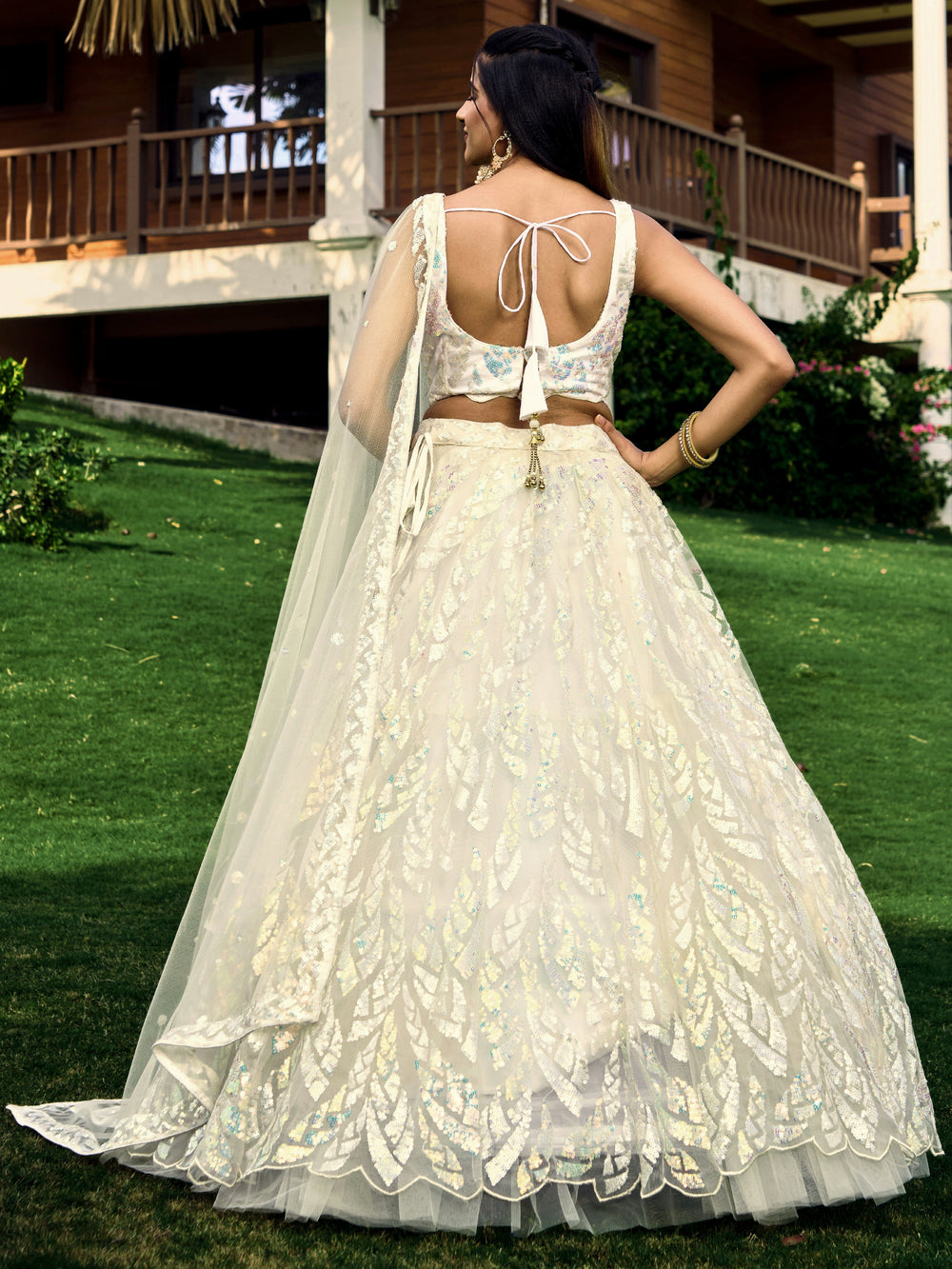 Off White Impressive Sequins Net Function Lehenga Choli with Dupatta for Women