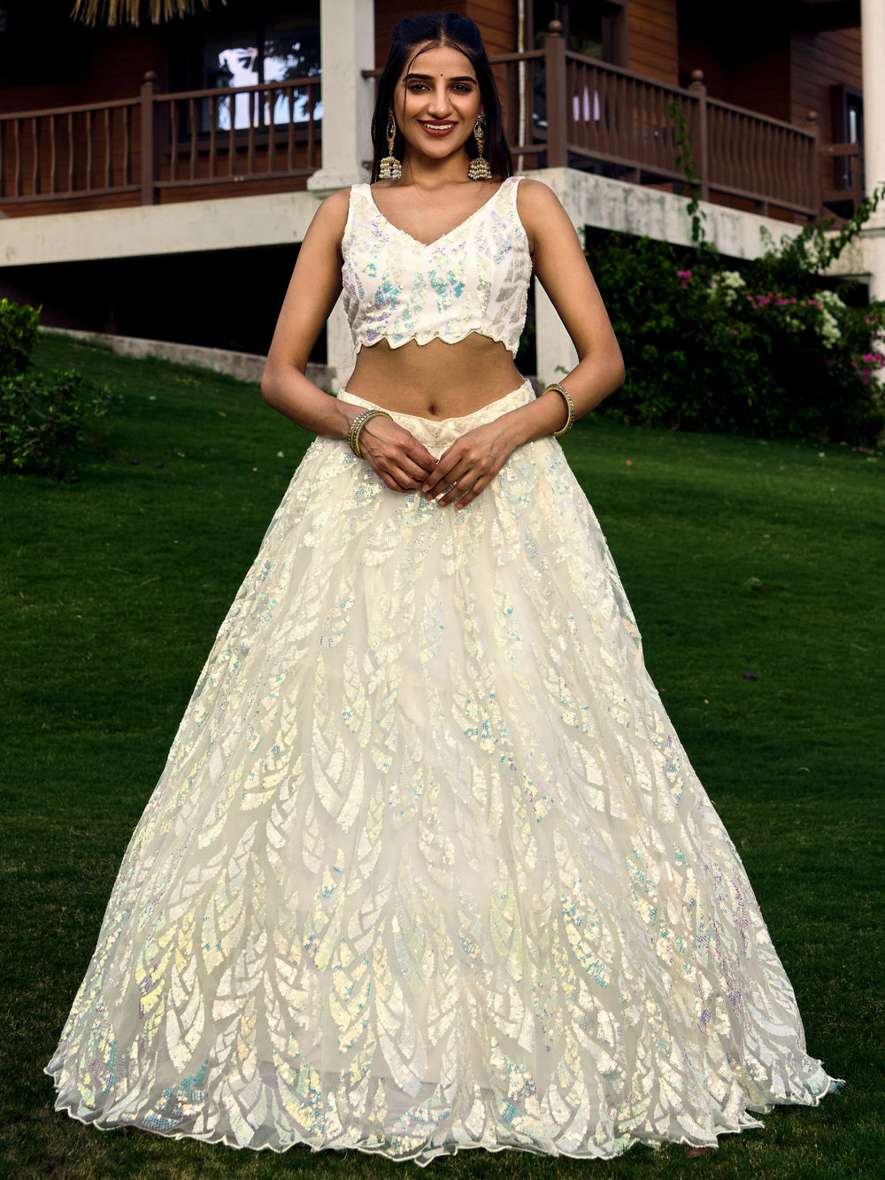 Off White Impressive Sequins Net Function Lehenga Choli with Dupatta for Women