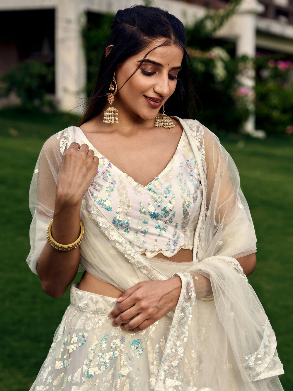 Off White Impressive Sequins Net Function Lehenga Choli with Dupatta for Women