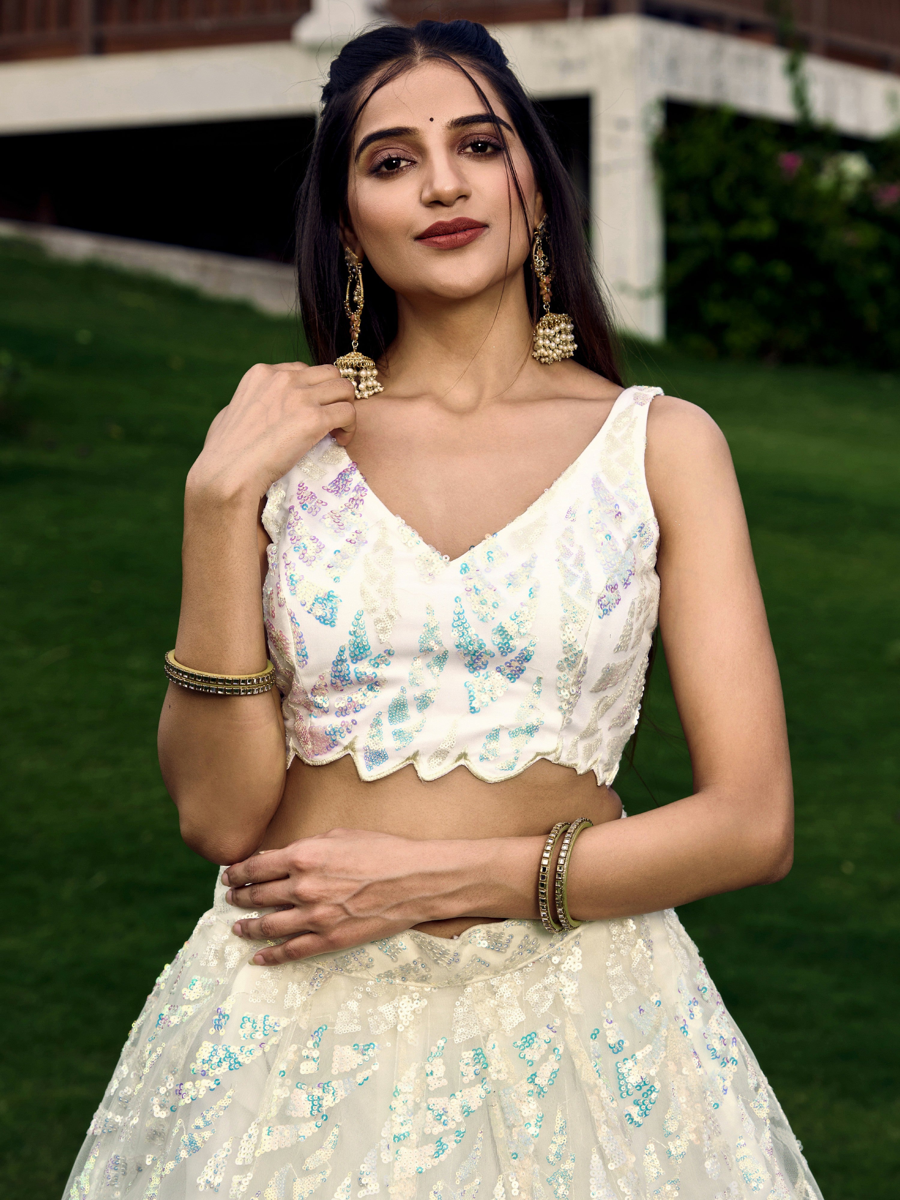 Off White Impressive Sequins Net Function Lehenga Choli with Dupatta for Women