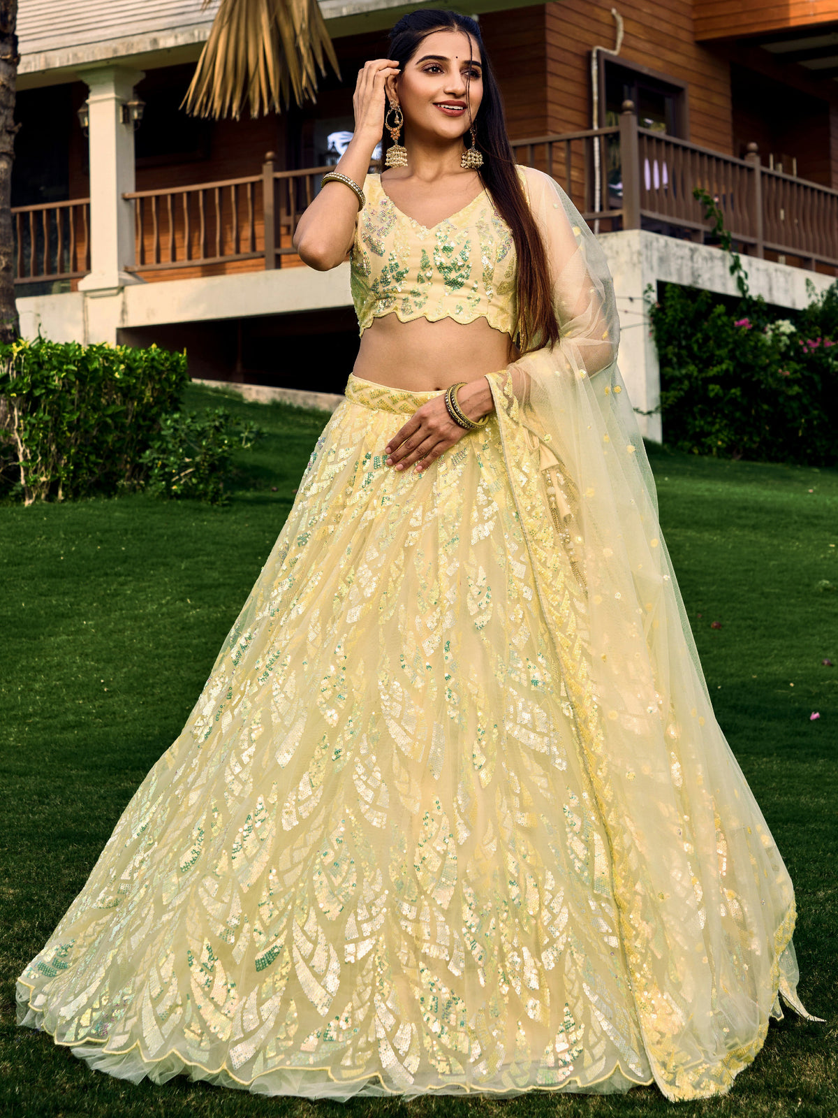 Yellow Impressive Sequins Net Function Lehenga Choli with Dupatta for Women
