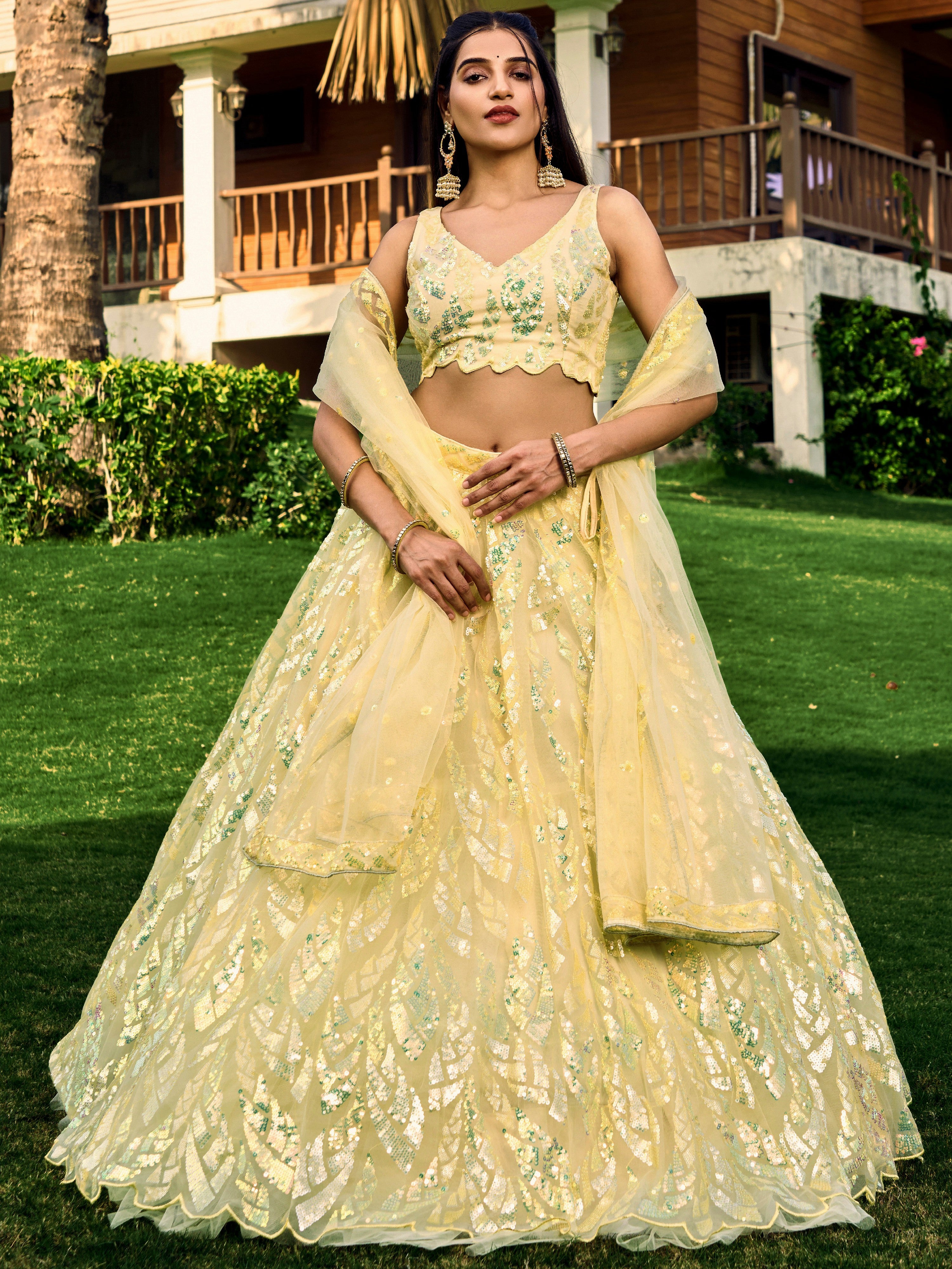 Yellow Impressive Sequins Net Function Lehenga Choli with Dupatta for Women